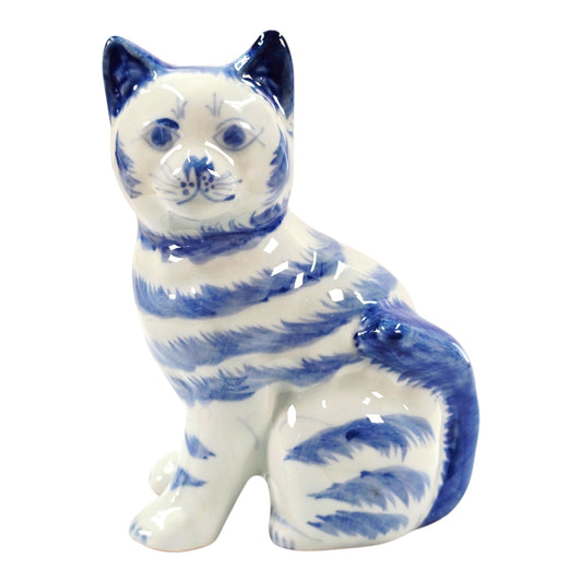 Vintage Porcelain Cat Figurine White with Blue Stripes