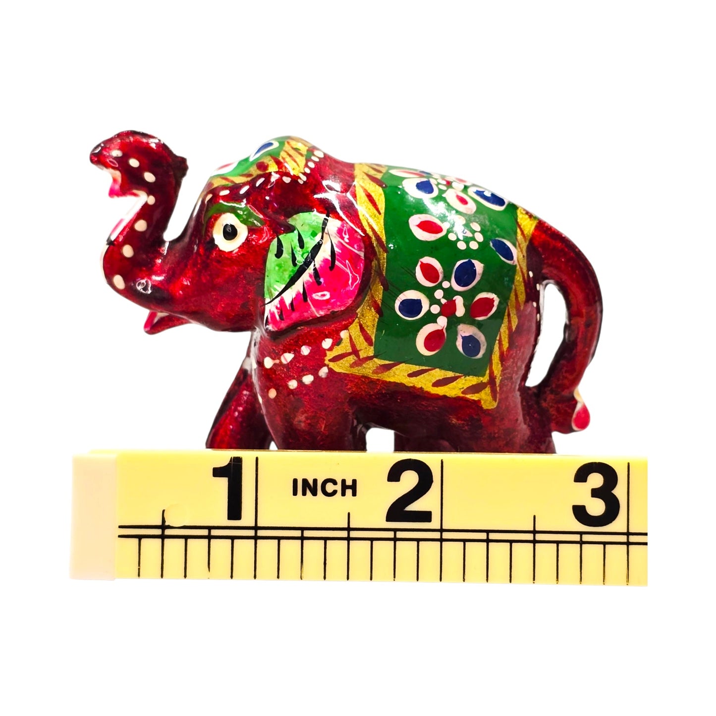 Vtg Hand Painted Mini Elephant Figurine Red Green Folk Art India 2" Decor