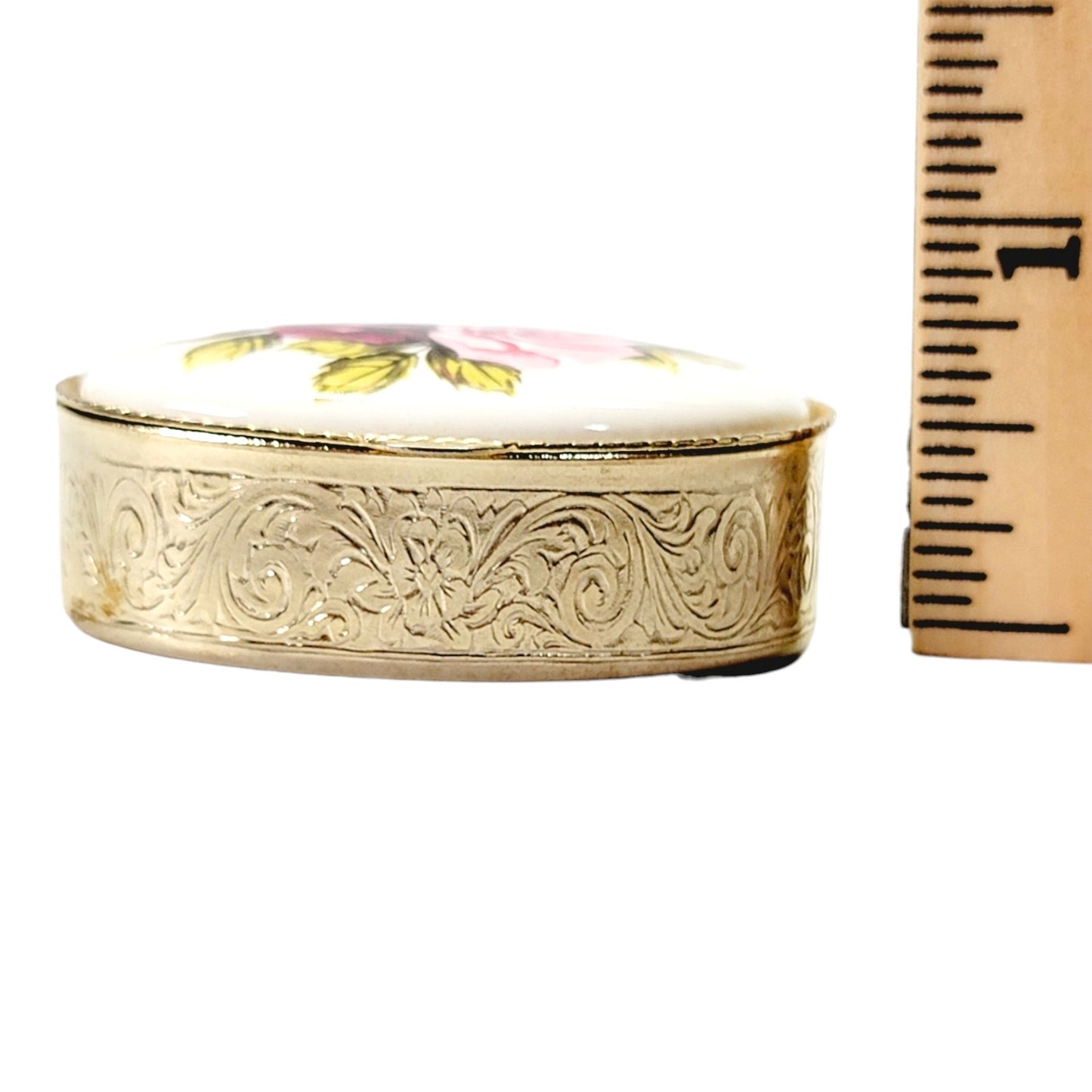 Vintage Ceramic & Metal Hinged Pill Box, Floral Roses Trinket Box