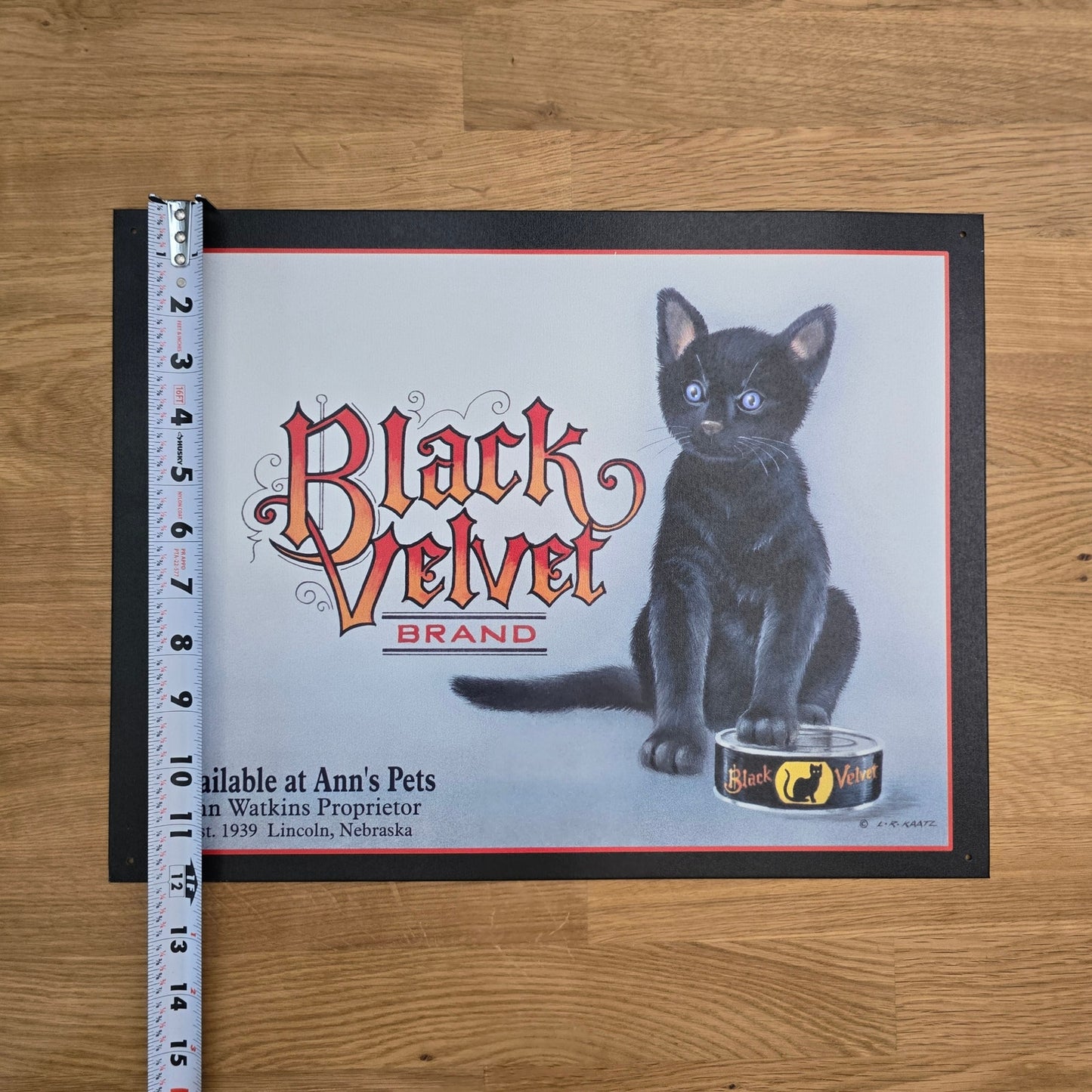 Vintage Black Velvet Brand Cat Food Metal Sign Advertisement 1998 Lynn Kaatz