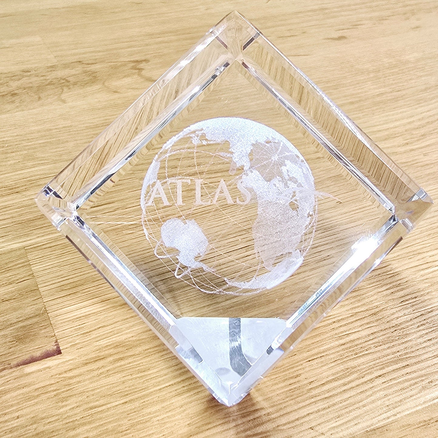 3D Laser Etched Globe Crystal Glass Cube Paperweight, Marked "Atlas"