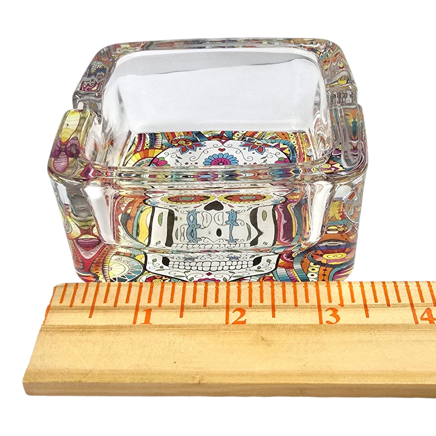 Day of the Dead Sugar Skull Heavy Glass Ashtray Trinket Dish Colorful 3"
