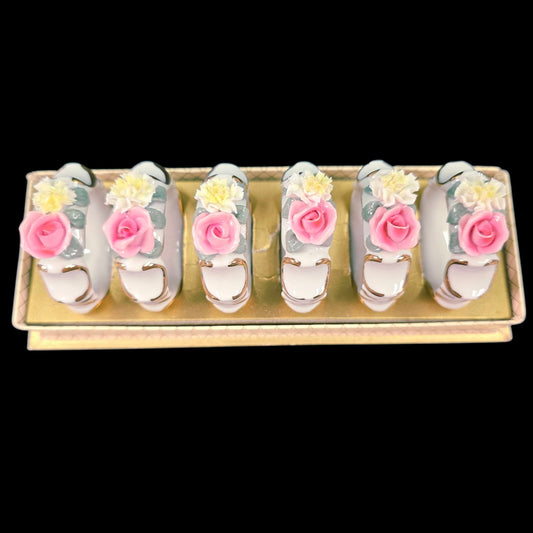Vintage Set Of Six Dresden Pink Rose Porcelain Napkin Rings