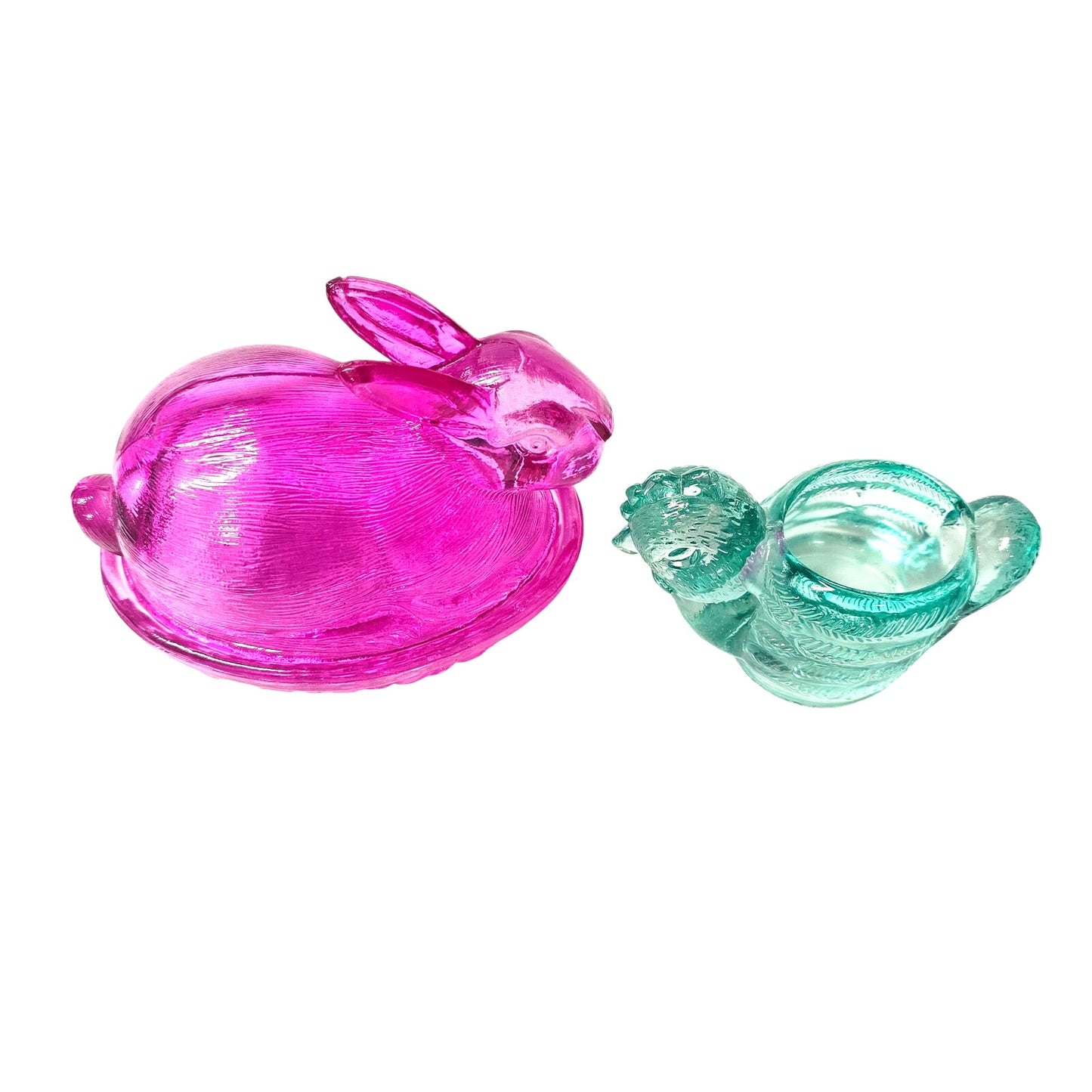Fuchsia Pink Glass Bunny on Nest & Turquoise Blue Chicken Tealight Egg Holder