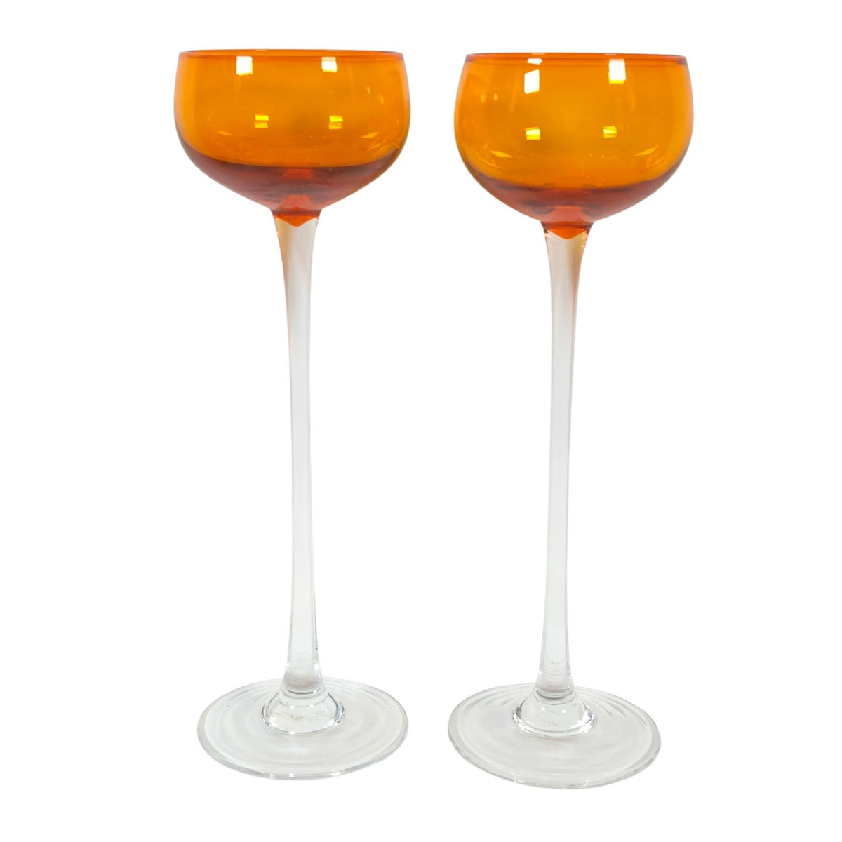 Vtg Roscher & Co. Amber Orange Long Stem Cocktail Glasses Set of 2 UV React 8.5"