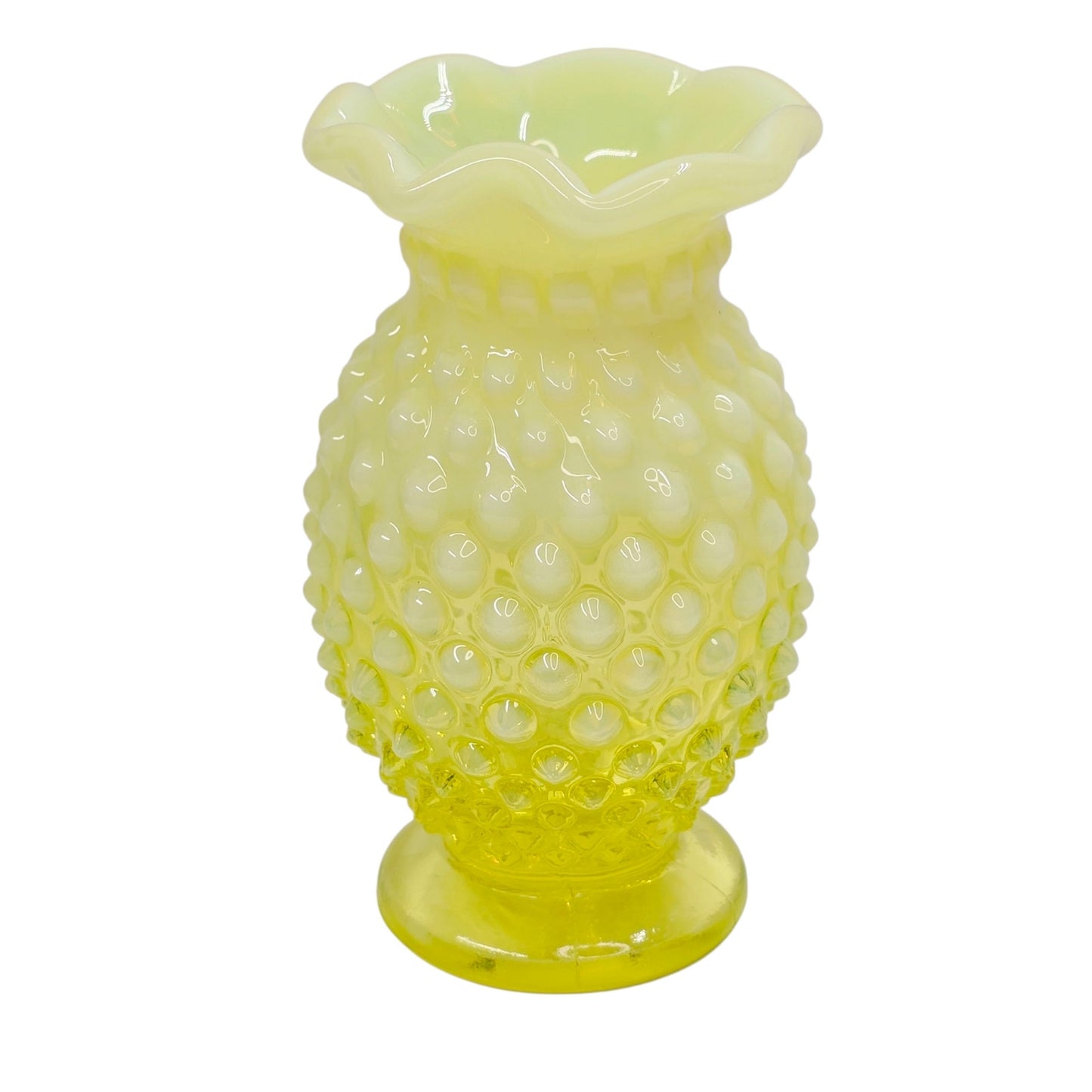 Vtg Fenton Vaseline Opalescent Hobnail Vase 3.75" Topaz Uranium Glass Glows UV