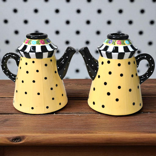 VTG 1998 Mary Engelbreit Yellow & Black Polk-A-Dot Teapot Candle Holders