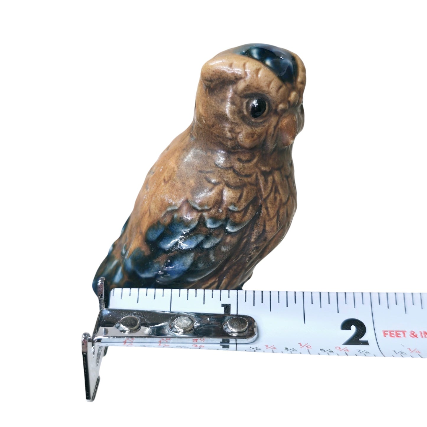 Tiny Vintage Ceramic Owl Figurine Blue Feathers Made in Japan