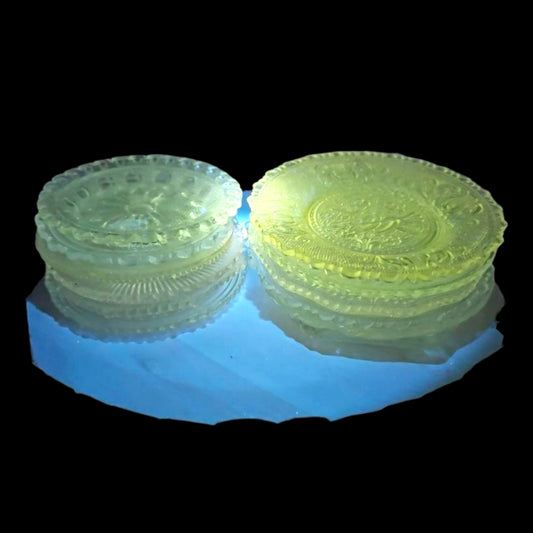 Vintage Mini Glass Plates Butter Pats Small Ornate Glass FLAWED Manganese Glow