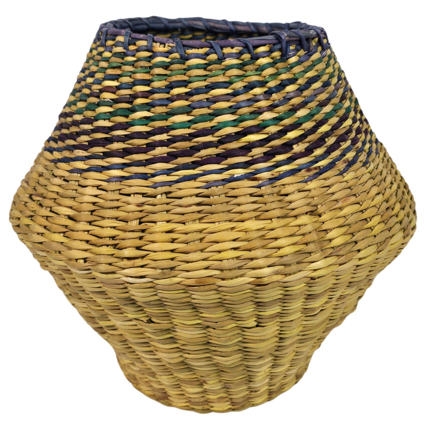 Vintage Woven Seagrass Basket Coiled Boho Yellow Purple Blue Tapered Vase Planter