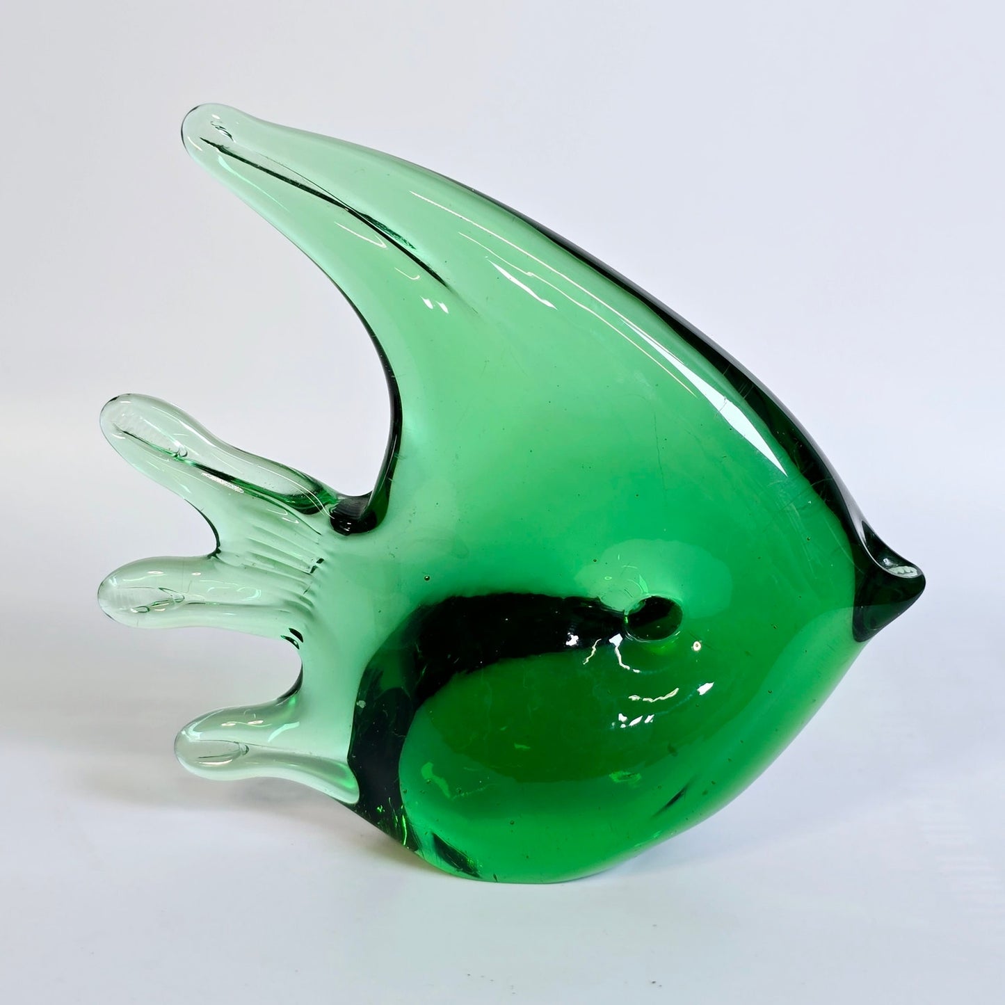 Handblown Green Art Glass Fish Paperweight, Polished Bottom