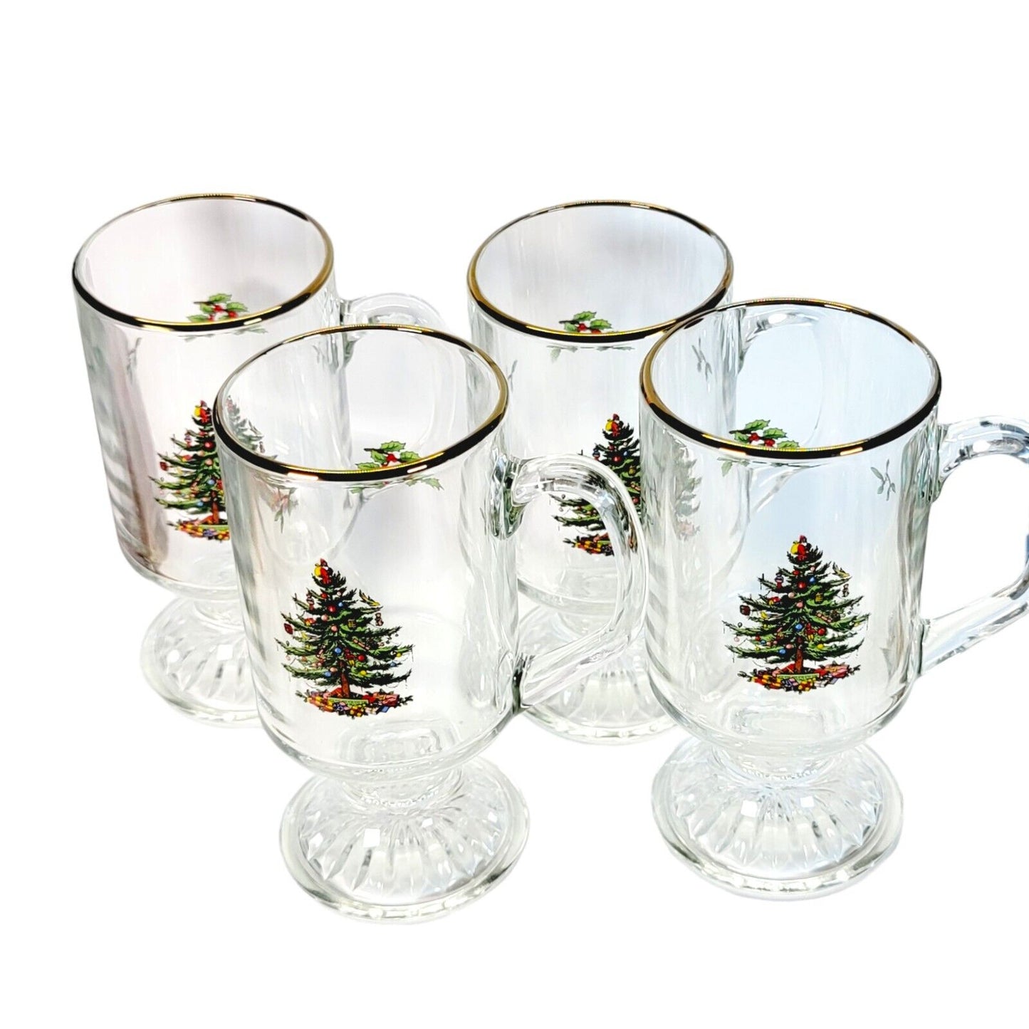 Set of 4 Vintage Spode Christmas Tree Mugs, Spode Irish Coffee Mugs, Gold Rim