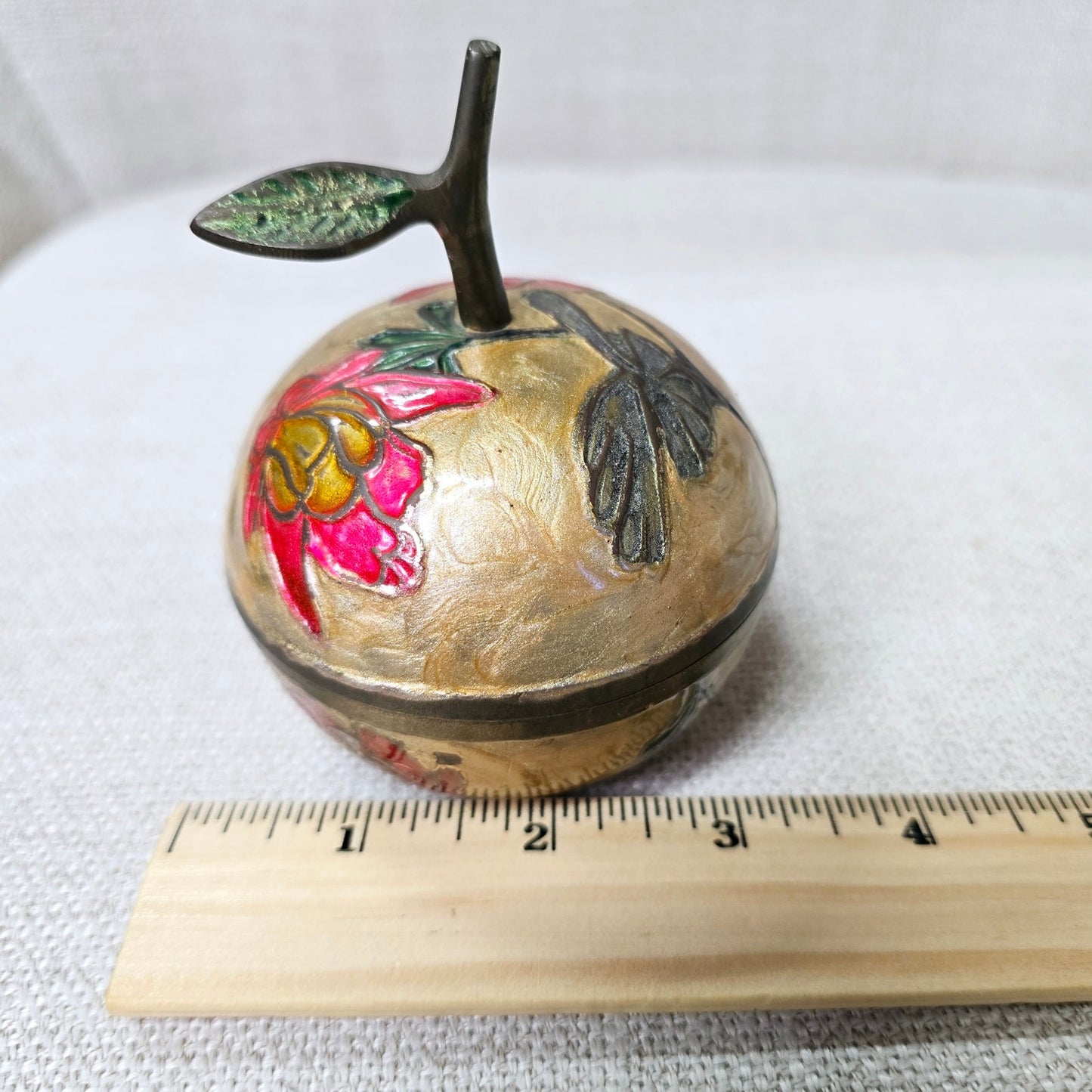 Vintage Cloisonne Enamel Brass Apple Trinket Box With Lid Floral Fruit Farmhouse