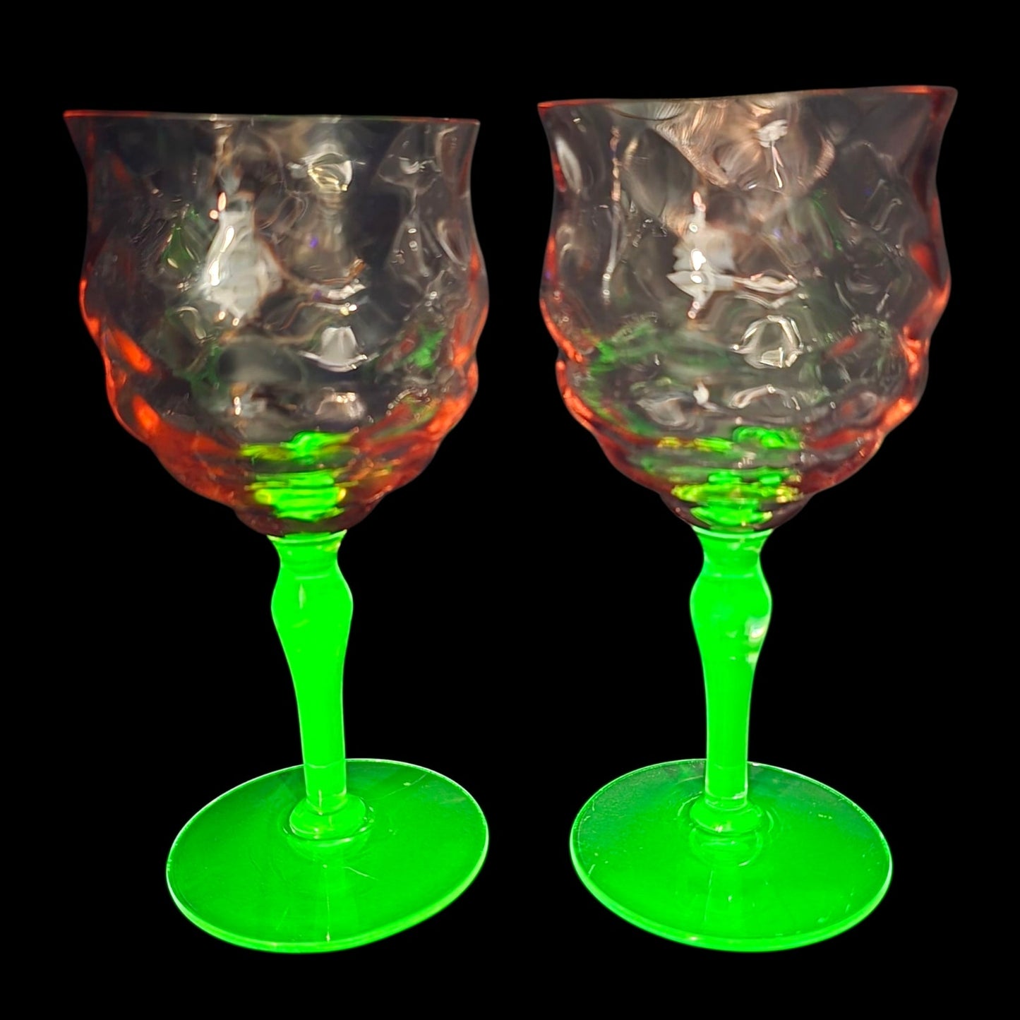 Vtg Tiffin Watermelon Uranium Glass Cocktail Coupes / Champagne Glasses Set of 2