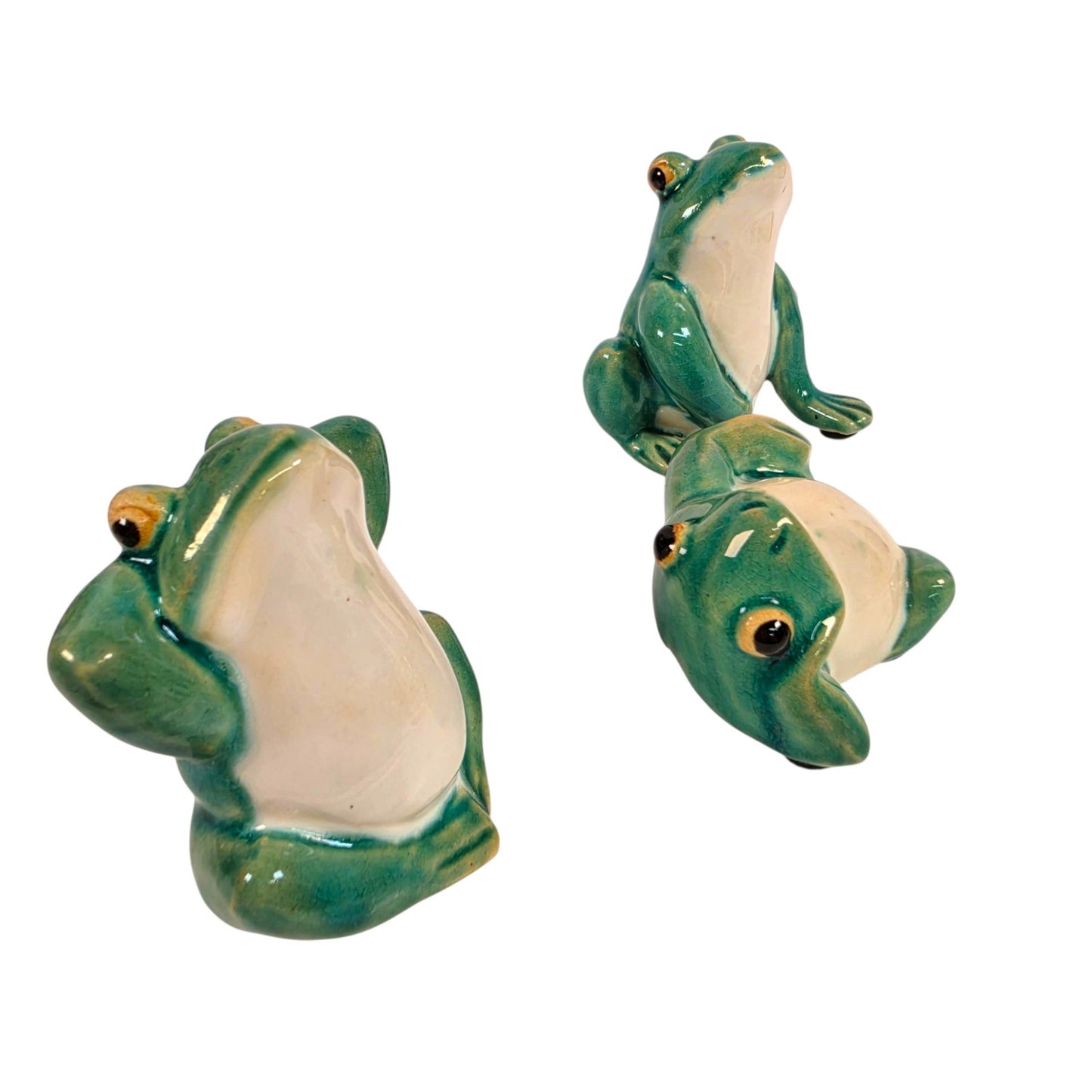 Vtg Ceramic Frog Figurines Lounging Set of 3 Whimsical Anthropomorphic MCM Decor