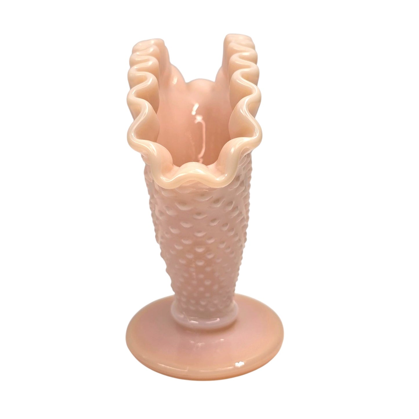 Vtg Fenton Pastel Pink Milk Glass Hobnail Fan Vase 4" Trumpet Uranium Reactived