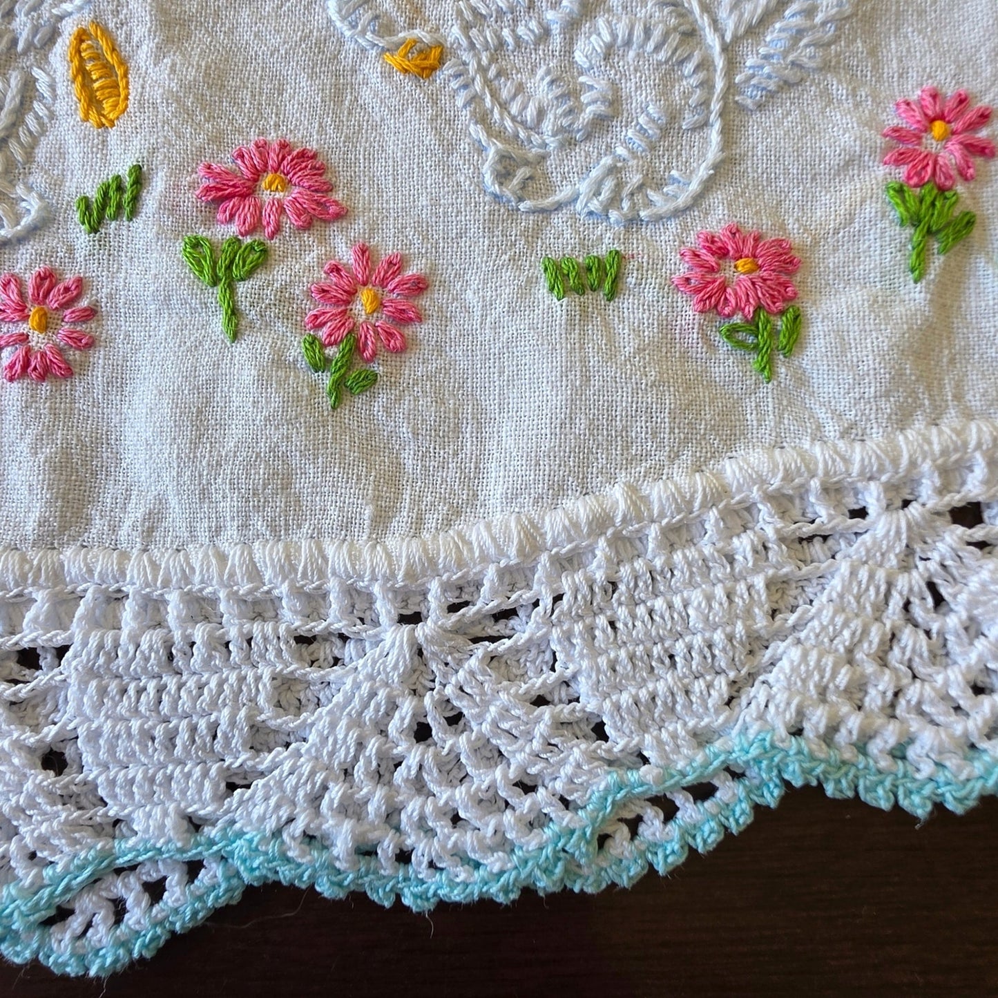 Vintage Embroidered Pillowcase Cats Wishbone Blue Lace Trim Pink Bow