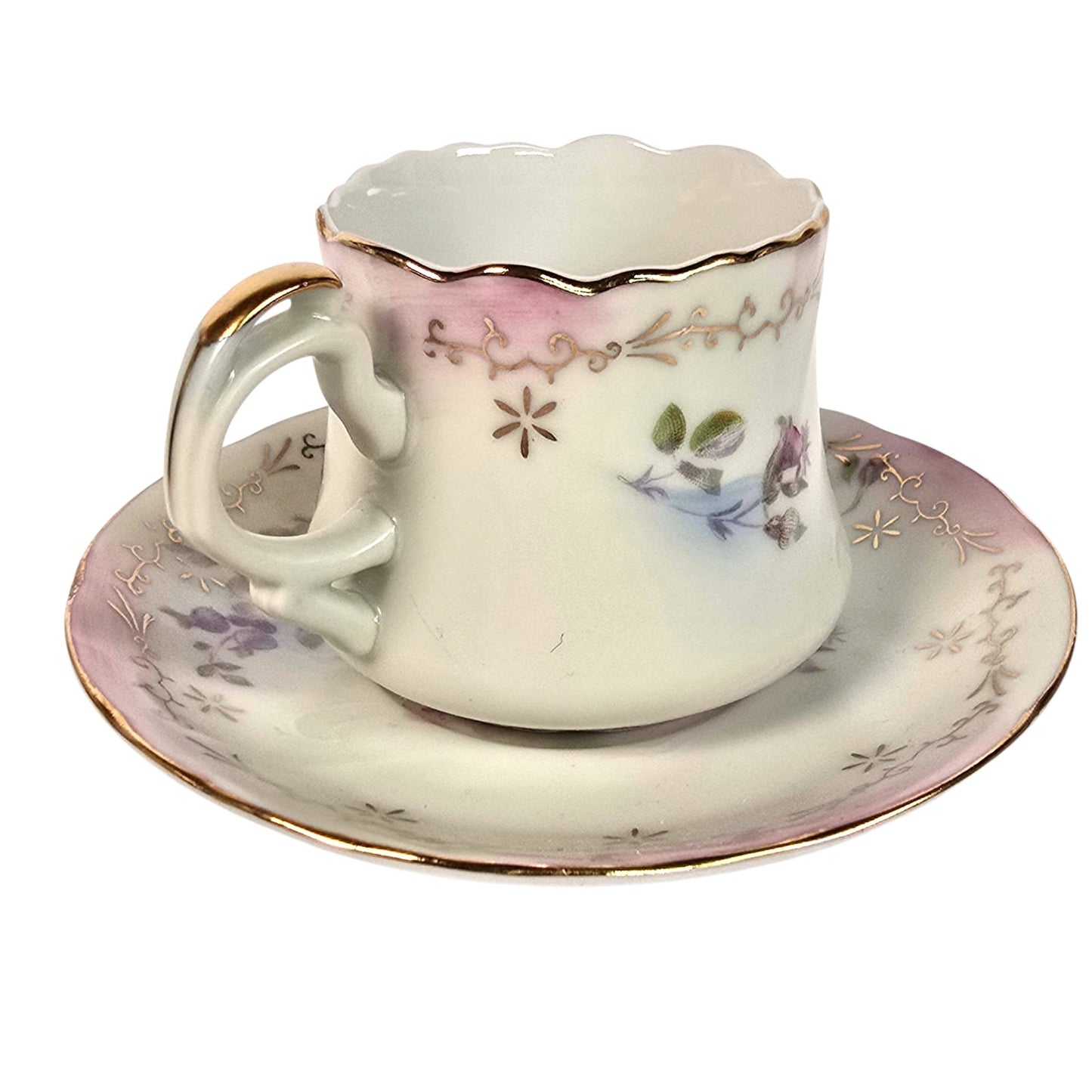 Vintage Japanese Porcelain Demitasse Cup and Saucer Set Floral Gold Trim Rose