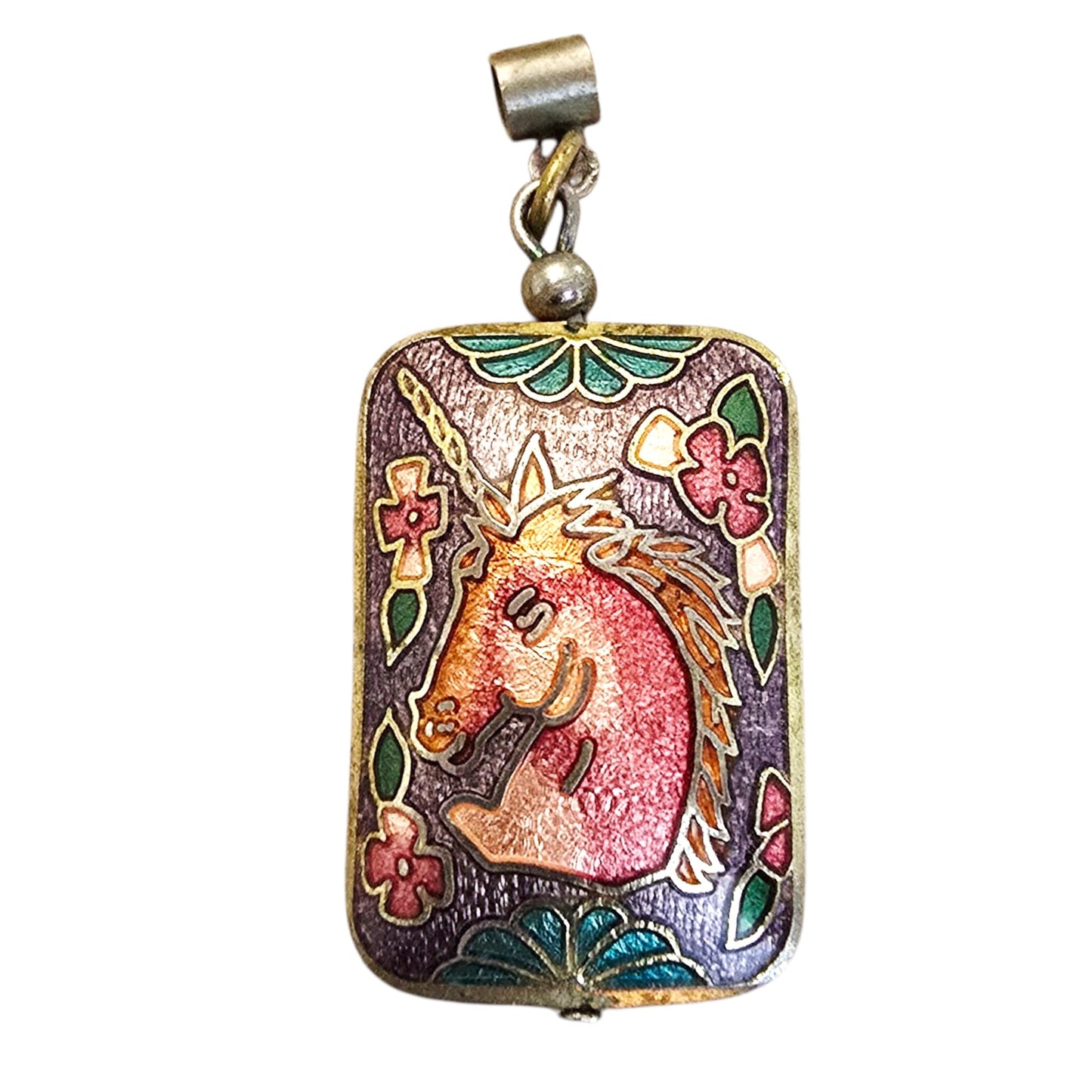 * Vtg Cloissone Unicorn Pendant Double Sided Puffy Gold Pink Purple Blue Green