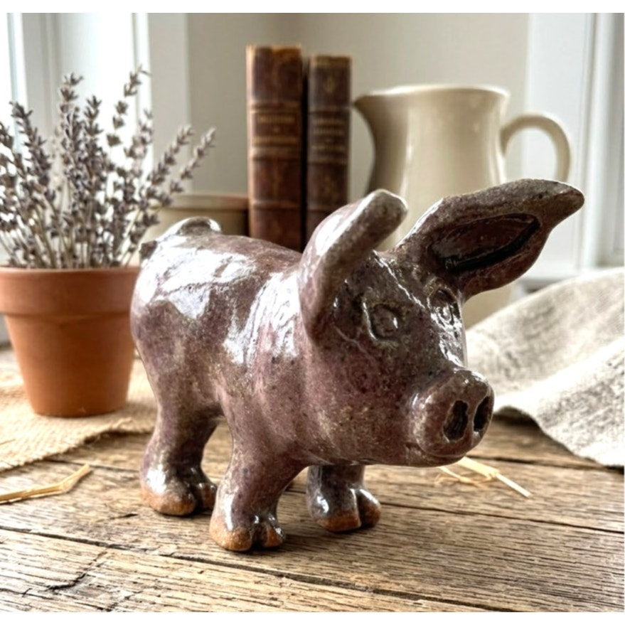Vintage Studio Art Pottery Pig Figurine Signed BA Primitive Brown Glazed Clay