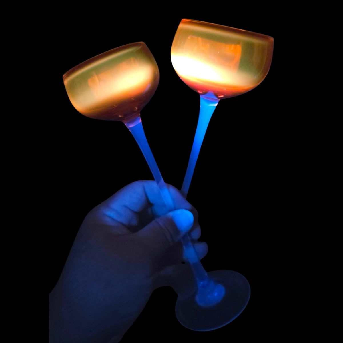 Vtg Roscher & Co. Amber Orange Long Stem Cocktail Glasses Set of 2 UV React 8.5"