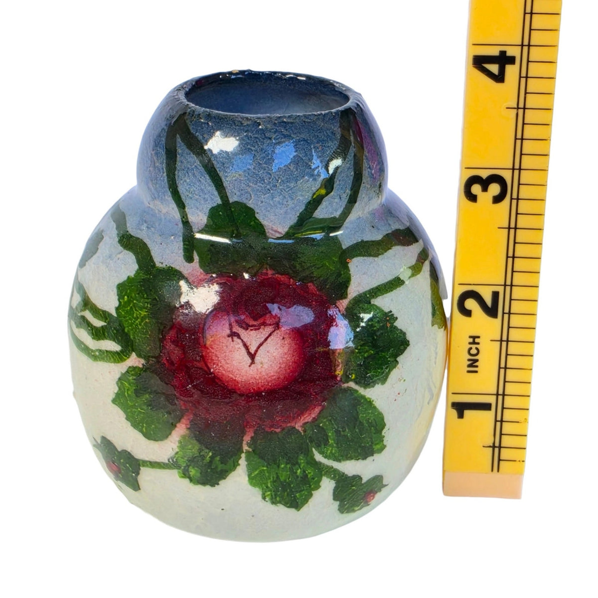 Vintage Hand Painted Floral Art Pottery Vase Crazed Glaze Roses 3.5"