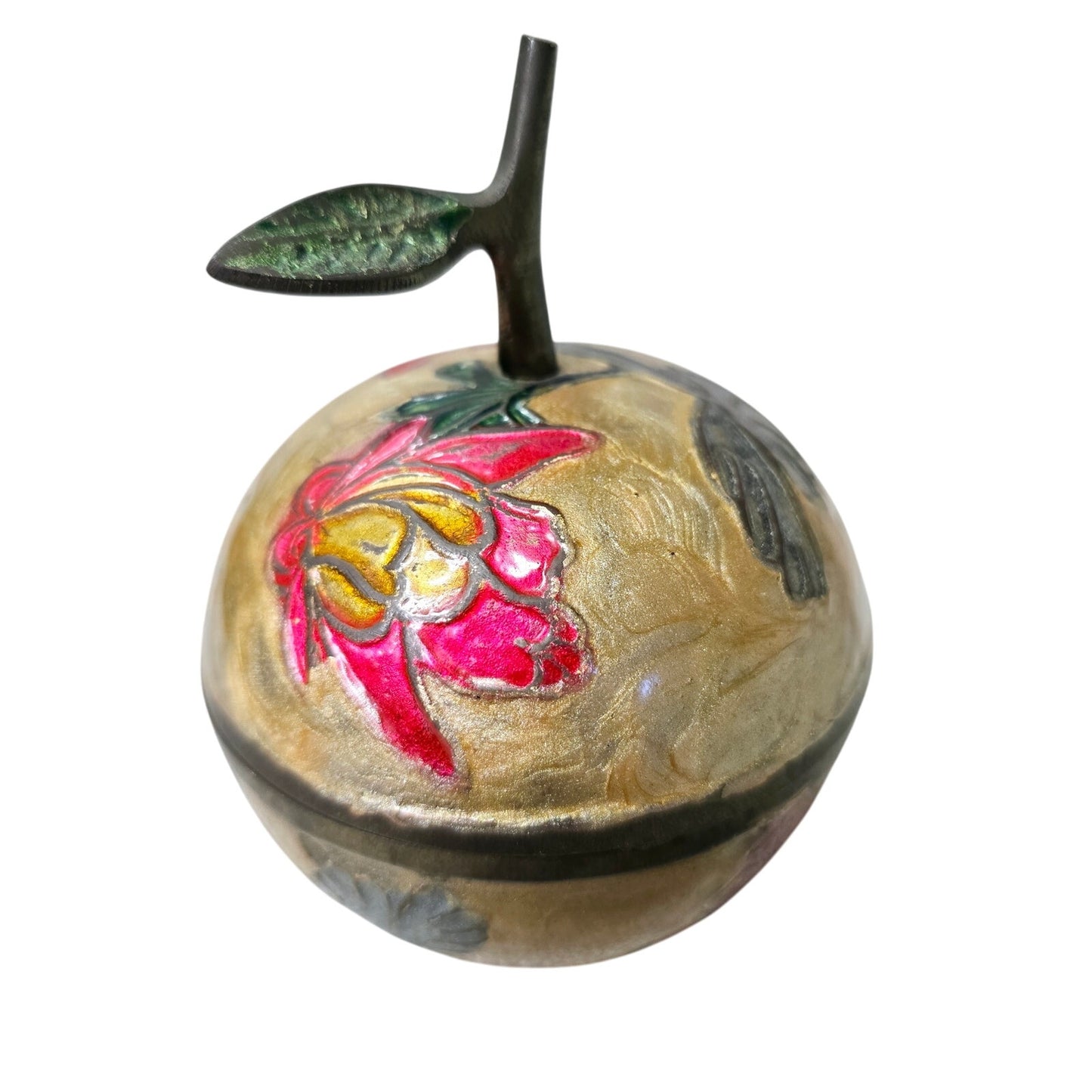 Vintage Cloisonne Enamel Brass Apple Trinket Box With Lid Floral Fruit Farmhouse