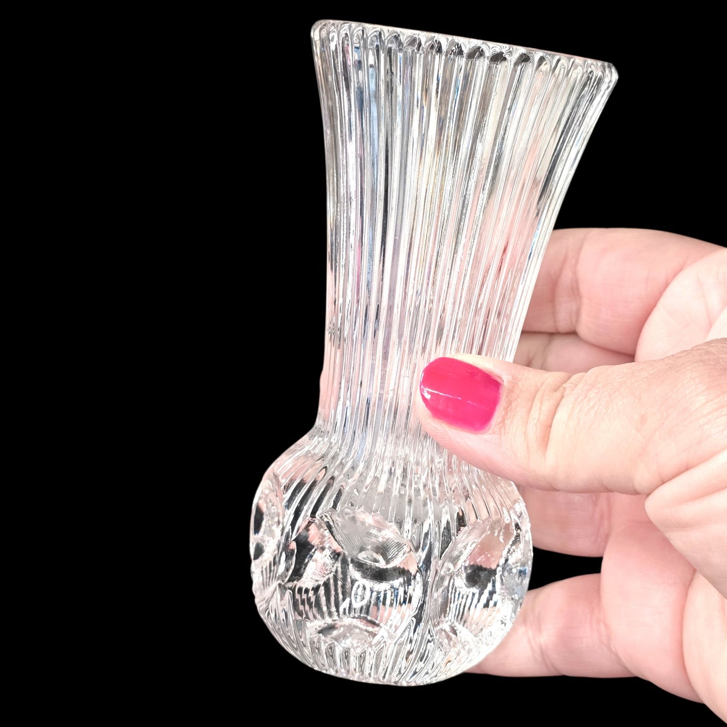 Fostoria Melissa Lead Crystal Bud Vase - 4.75" - Ribbed Thumbprint - 365nm Glow
