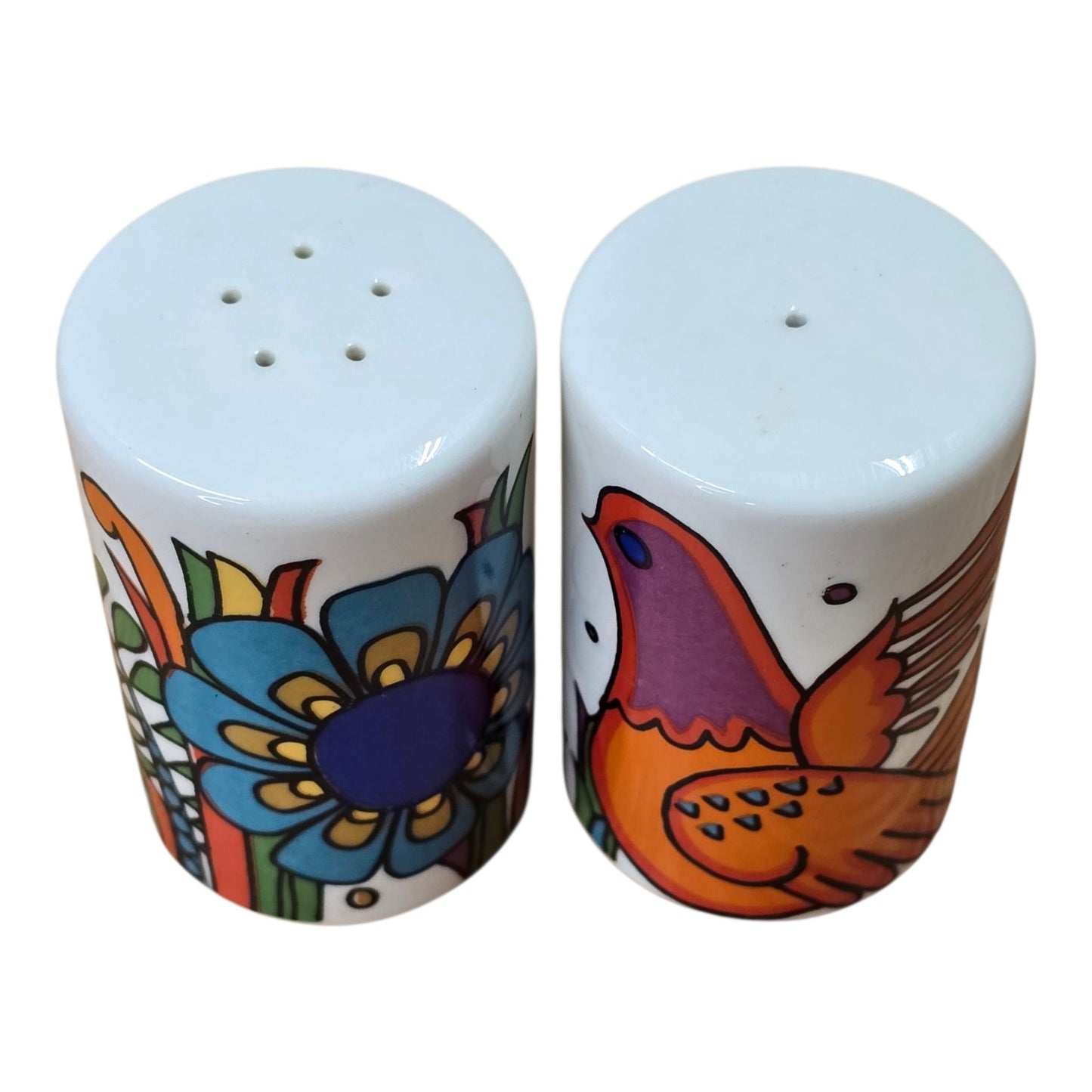 Vtg Villeroy Boch Acapulco Salt Pepper Shakers Retro Bird Flower Set Pop Art