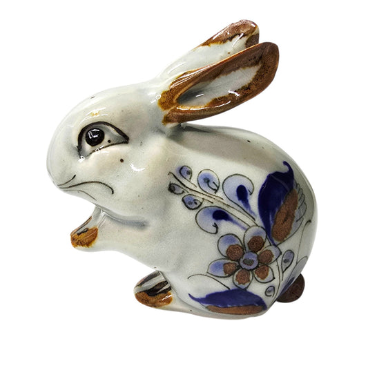 Vtg Tonala Mexico Pottery Rabbit Figurine Blue Floral Hand Painted AS IS Repair