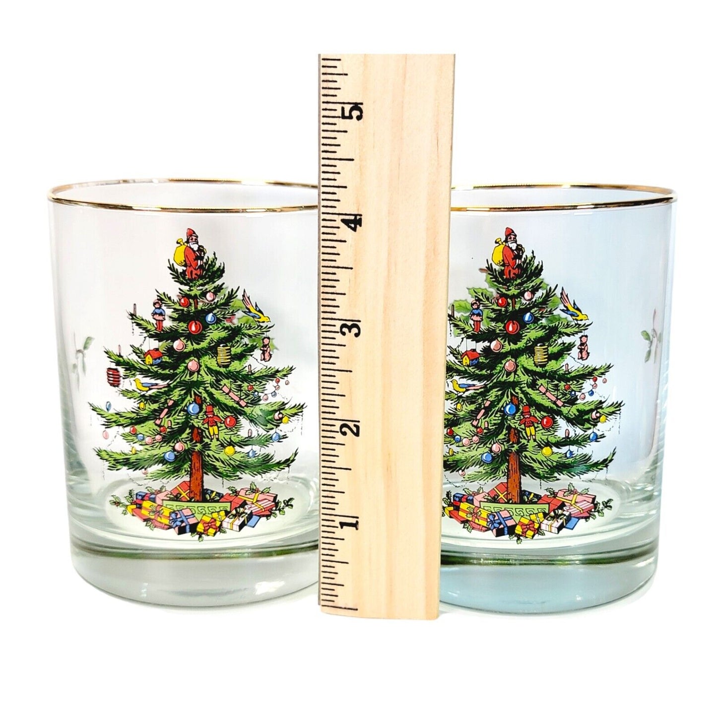 Set of 2 Spode Christmas Tree Double Old Fashioned Gold Rimmed Glasses 4"