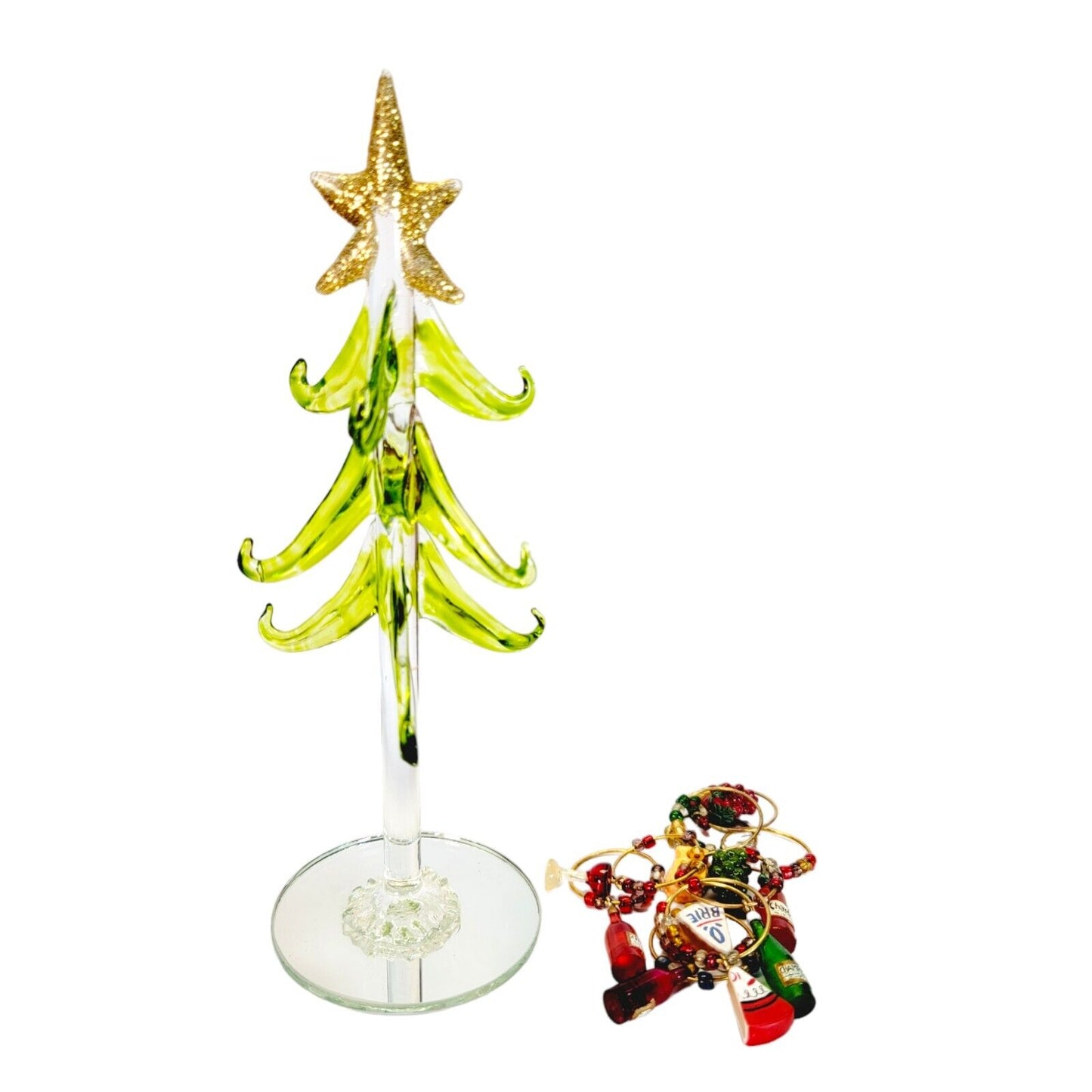 Art Glass Wine Charm Christmas Tree w/ 10 Wine Charms /Cocktail Charms, Mirrored