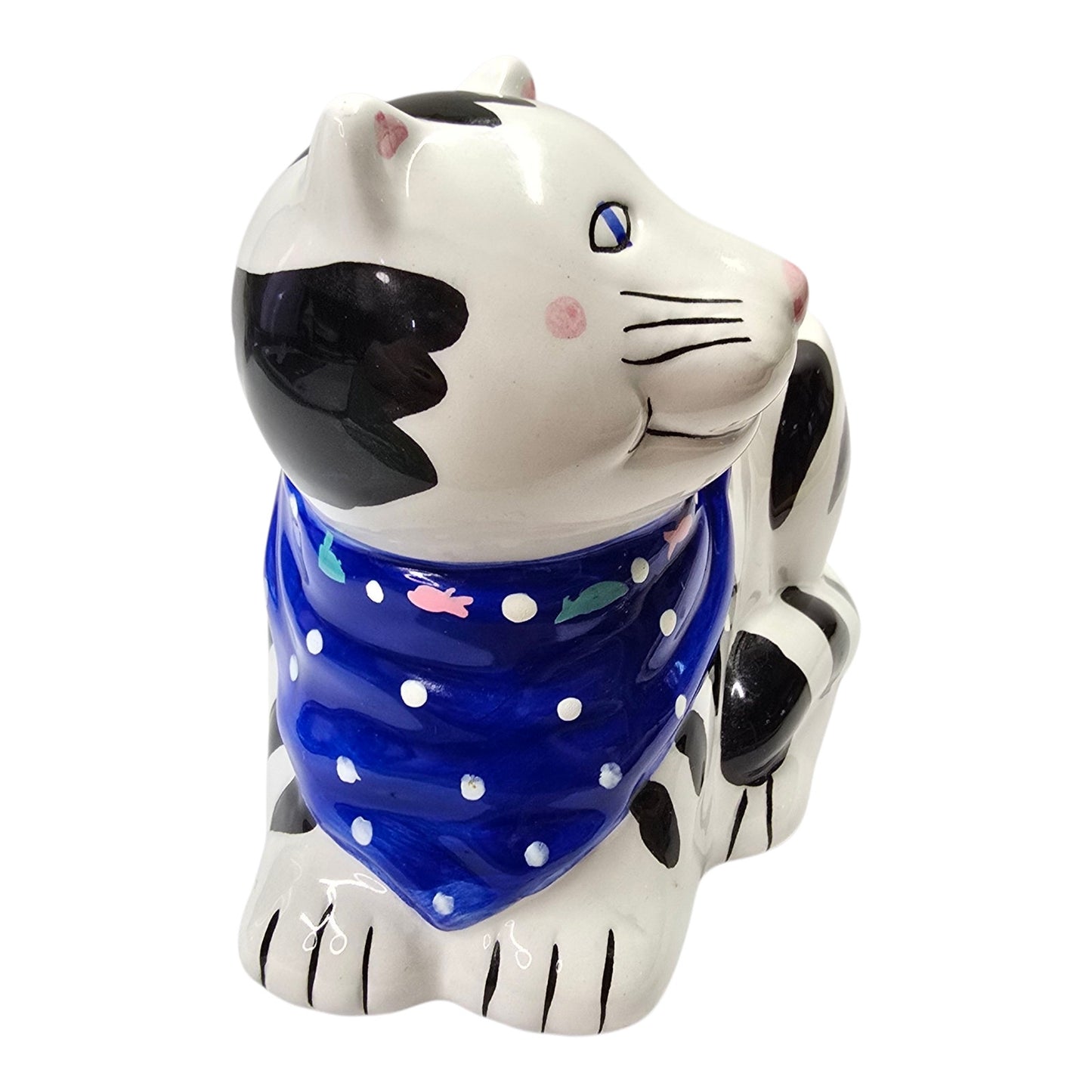 Striped Cat Planter Ceramic Handpainted Blue Scarf Bird Vtg Certified Intl CIC