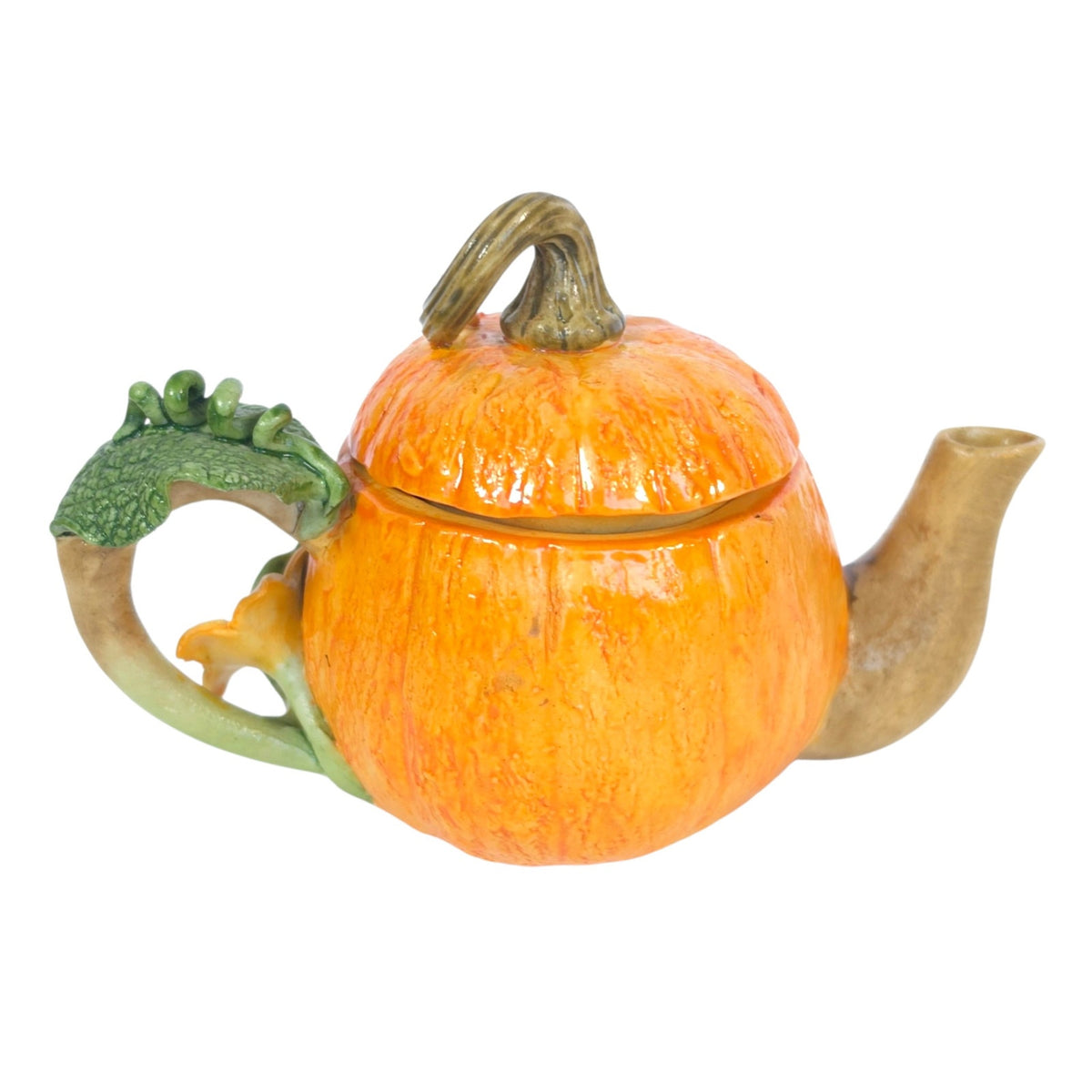 Khien Thailand Miniature Pumpkin Teapot Ceramic Flower Vine Handle Collectible