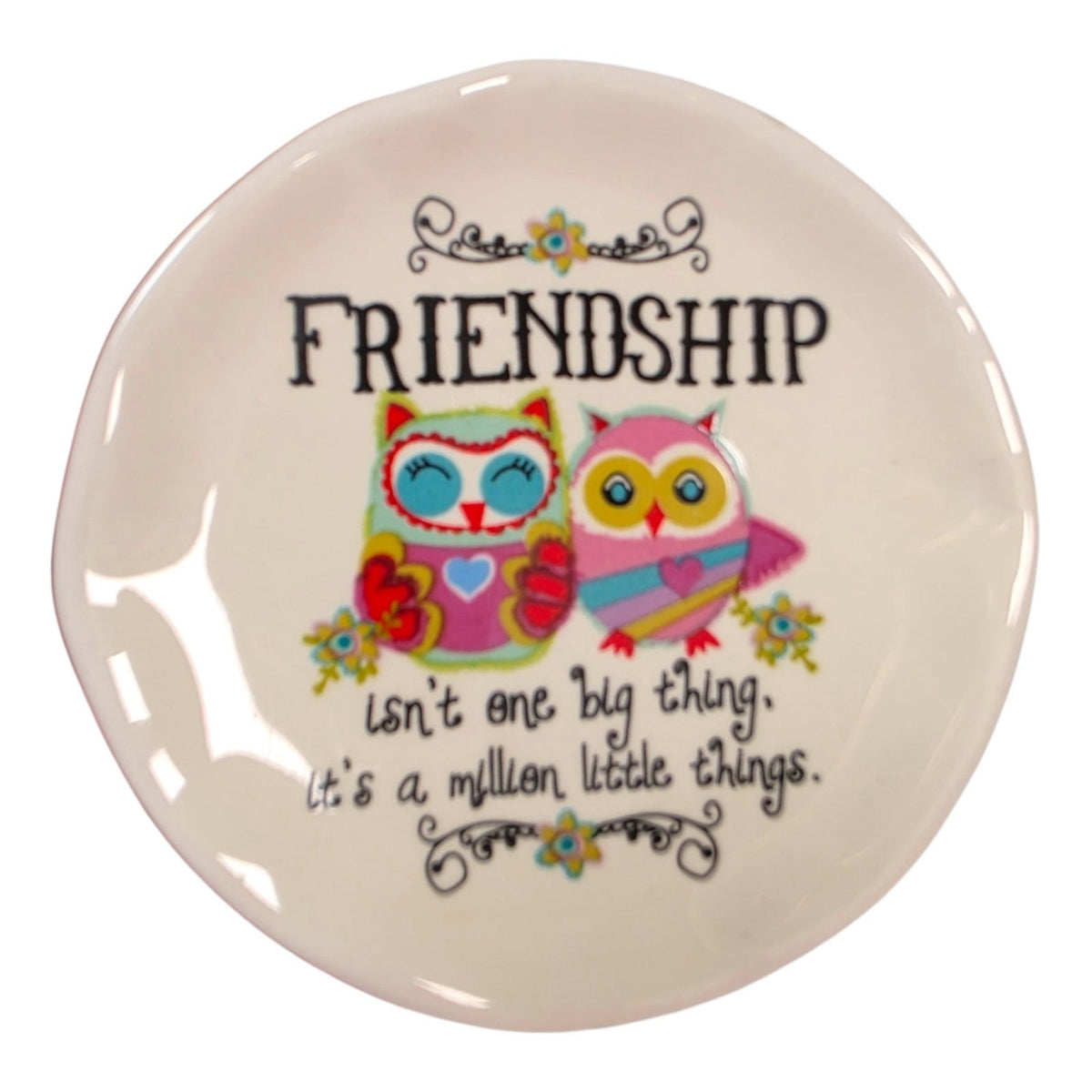 Natural Life Friendship Owls Ceramic Trinket Dish Ring Jewelry Tray 3 Inch