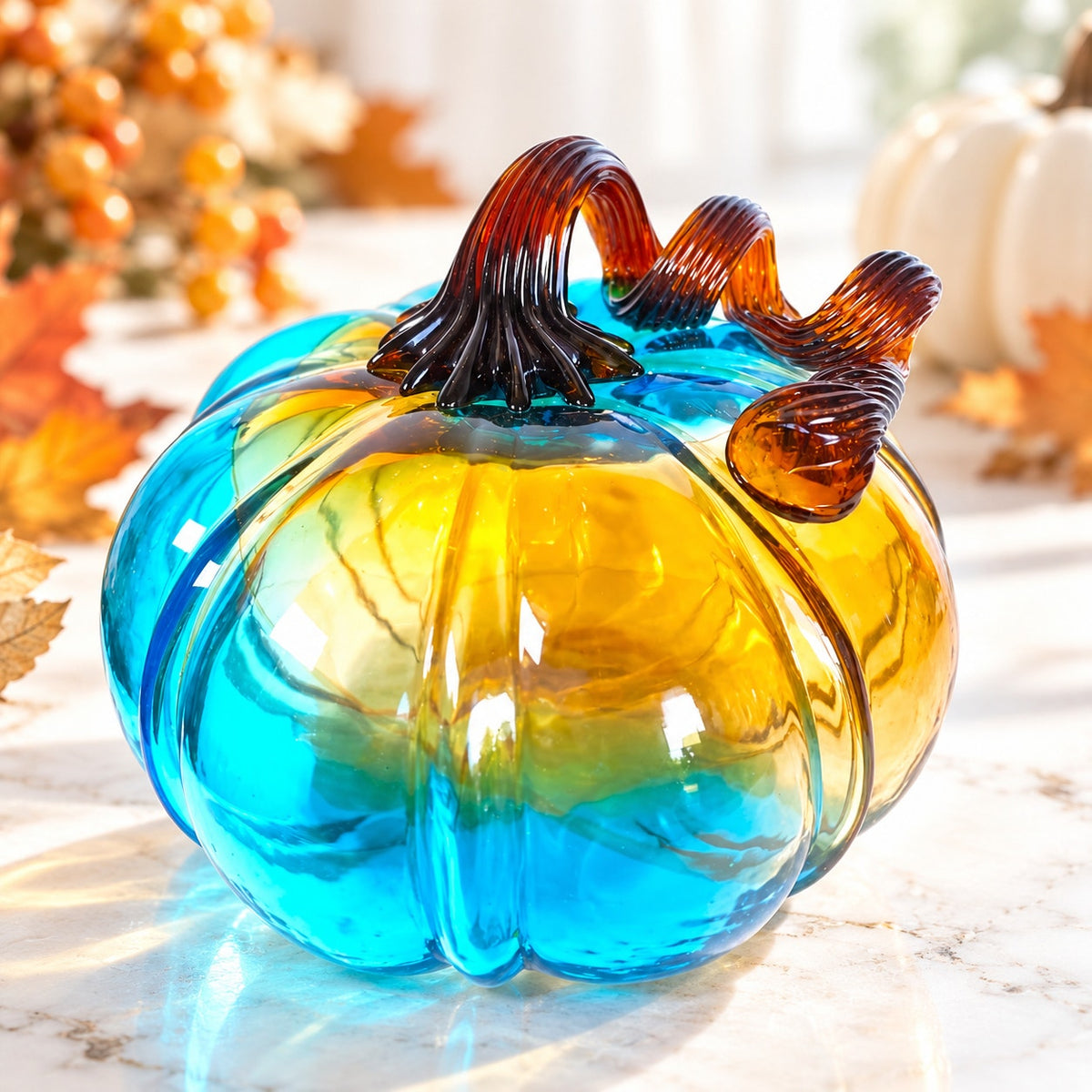 Hand Blown Art Glass Pumpkin Turquoise Blue Amber Brown Curly Stem Fall Decor