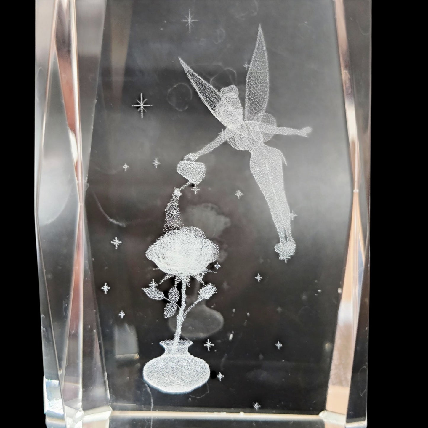 Disney Tinkerbell 3D Crystal Glass Cube Paperweight, Watering Flower Water Can