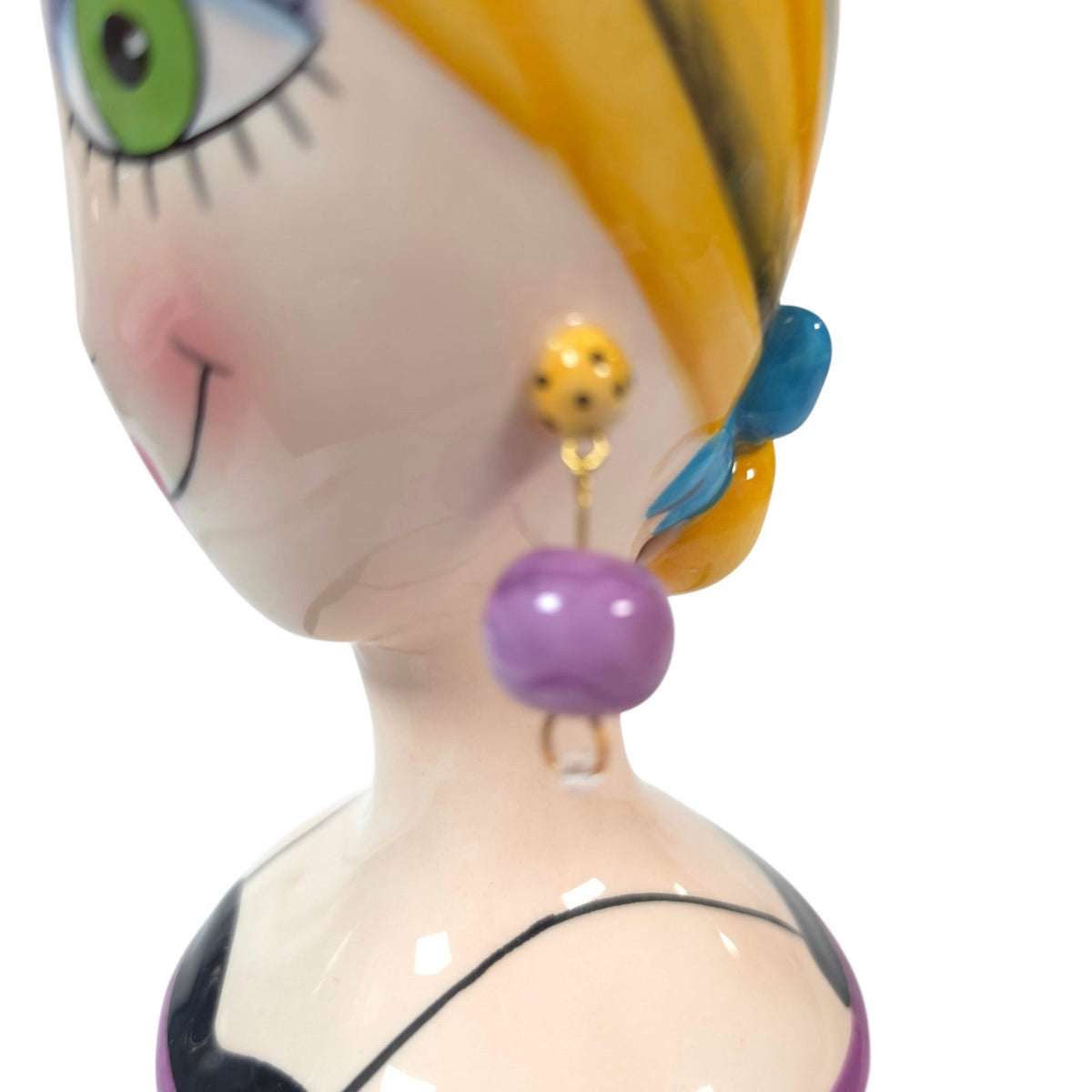 BABS Whimsical Ceramic Lady Head Vase Blonde Green Eyes Purple Earrings