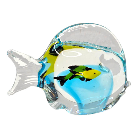 Vtg Art Glass Fish Paperweight Aqua Blue Interior Yellow Fish Aquarium Decor