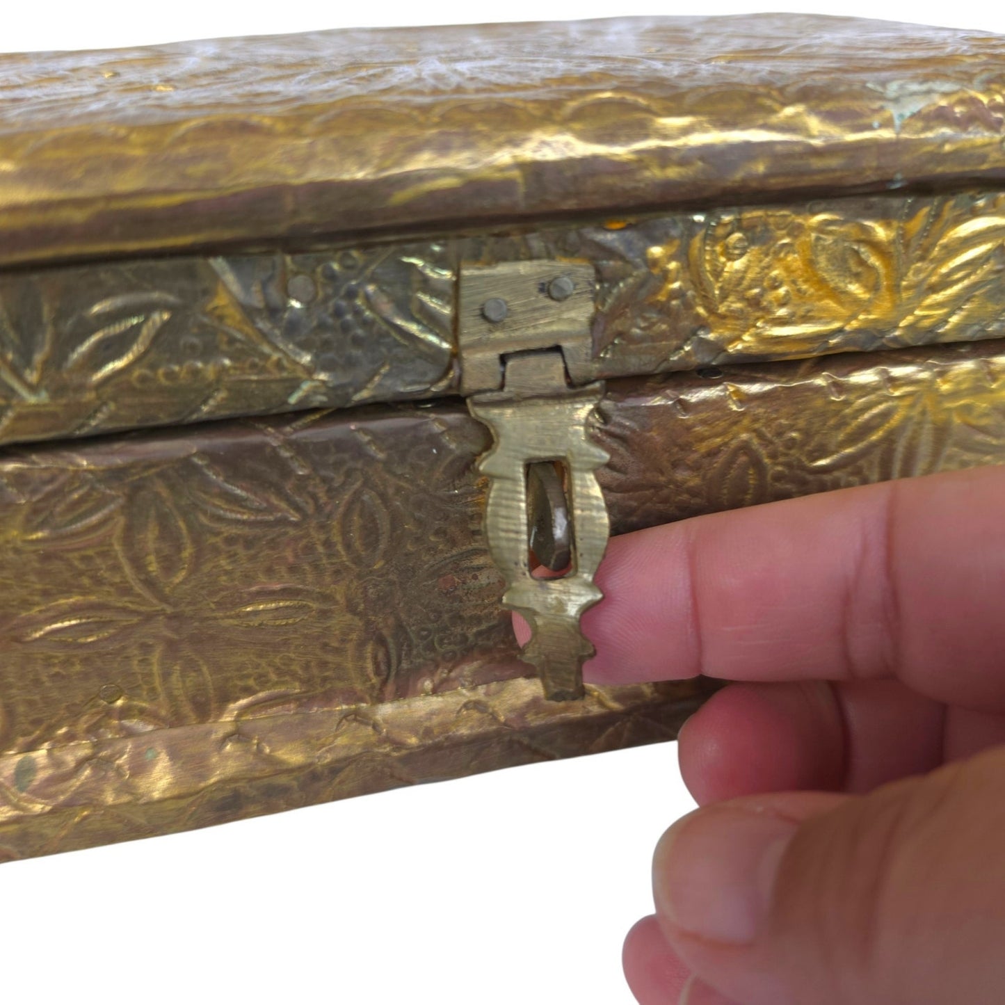(Reserved for Customer) Vintage Embossed Repousse Brass Jewelry Box Red Velvet Lined Ornate Features