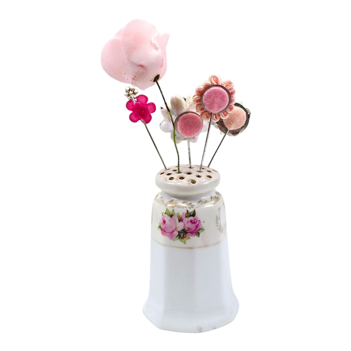 Vintage Pink Floral Salt Shaker Hat Pin Display