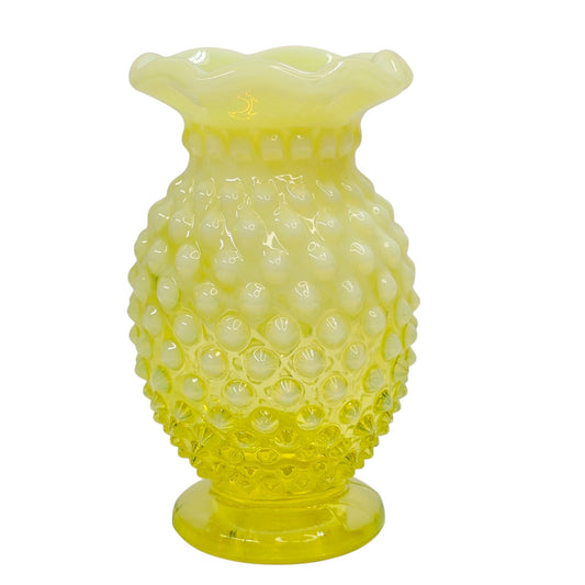 Vtg Fenton Vaseline Opalescent Hobnail Vase 3.75" Topaz Uranium Glass Glows UV