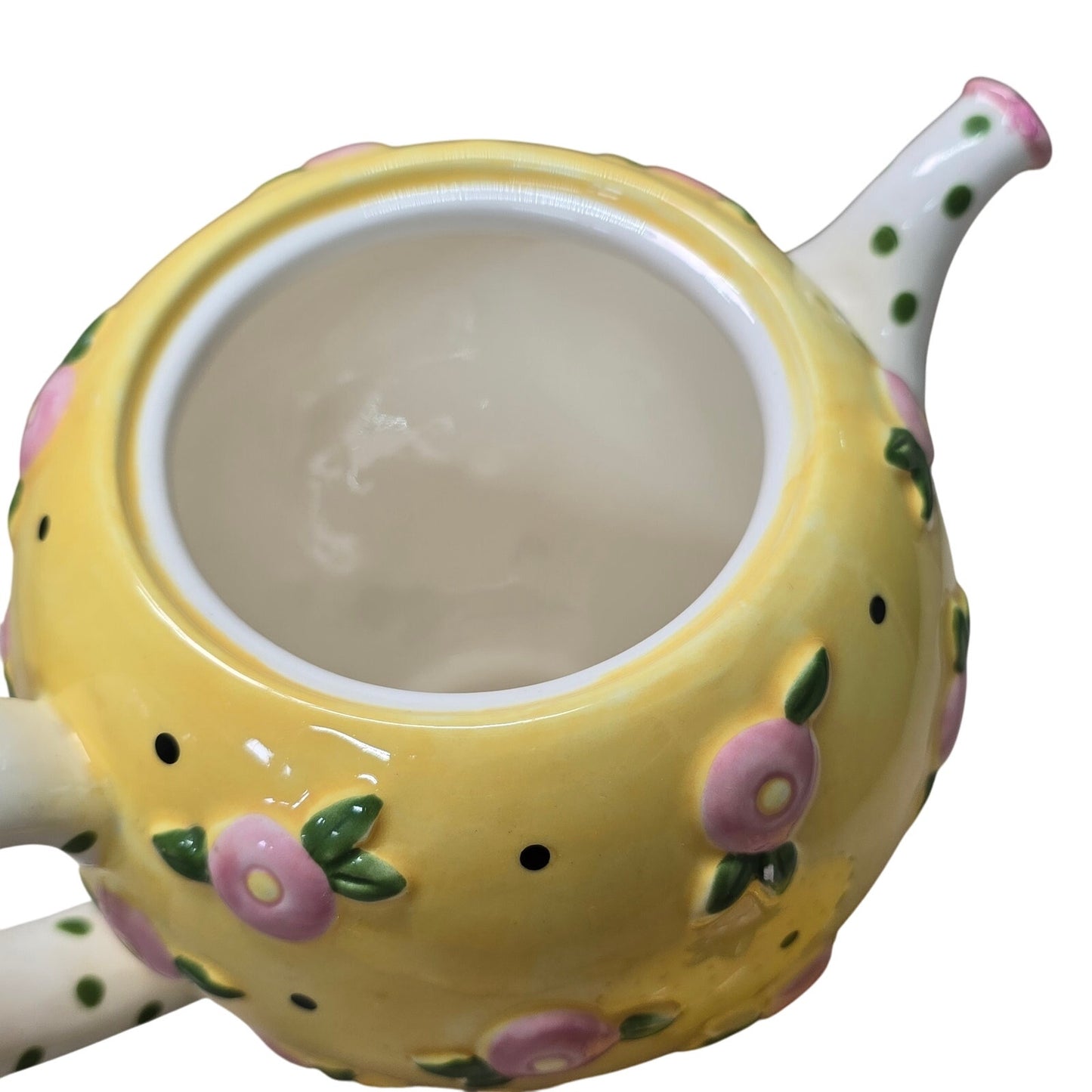 AS IS VTG 1997 ME Mary Engelbreit Ceramic Teapot, Yellow Pink Flower 8”, Flaw