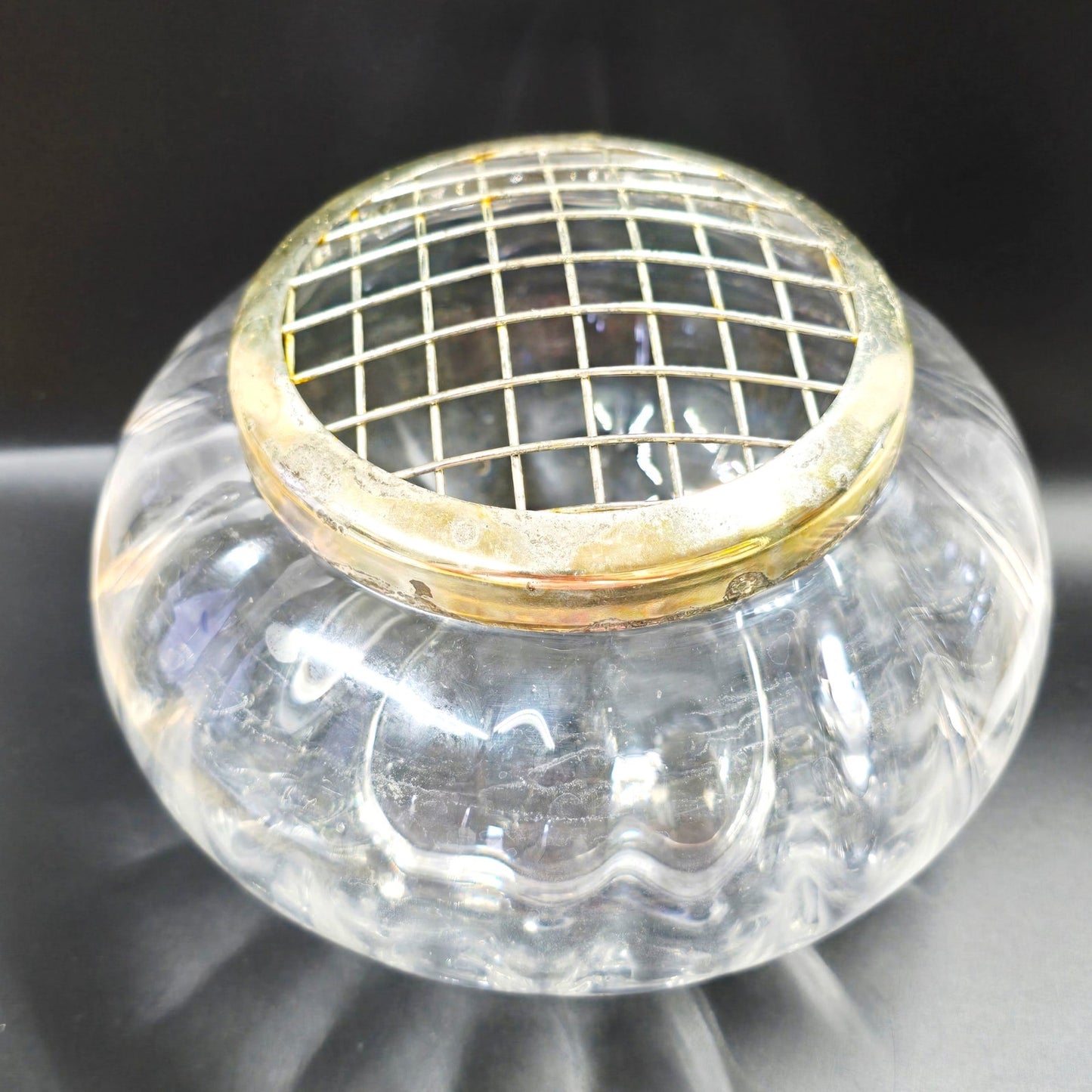 Vintage Pressed Glass Flower Frog Bowl, Rib Optic Pattern with Metal Grid Insert