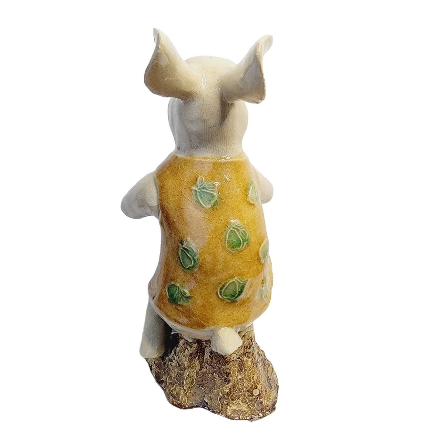 Vtg Signed Asian Rabbit Figurine Playing Long Horn Pottery Seal Mark MCM 8.5"