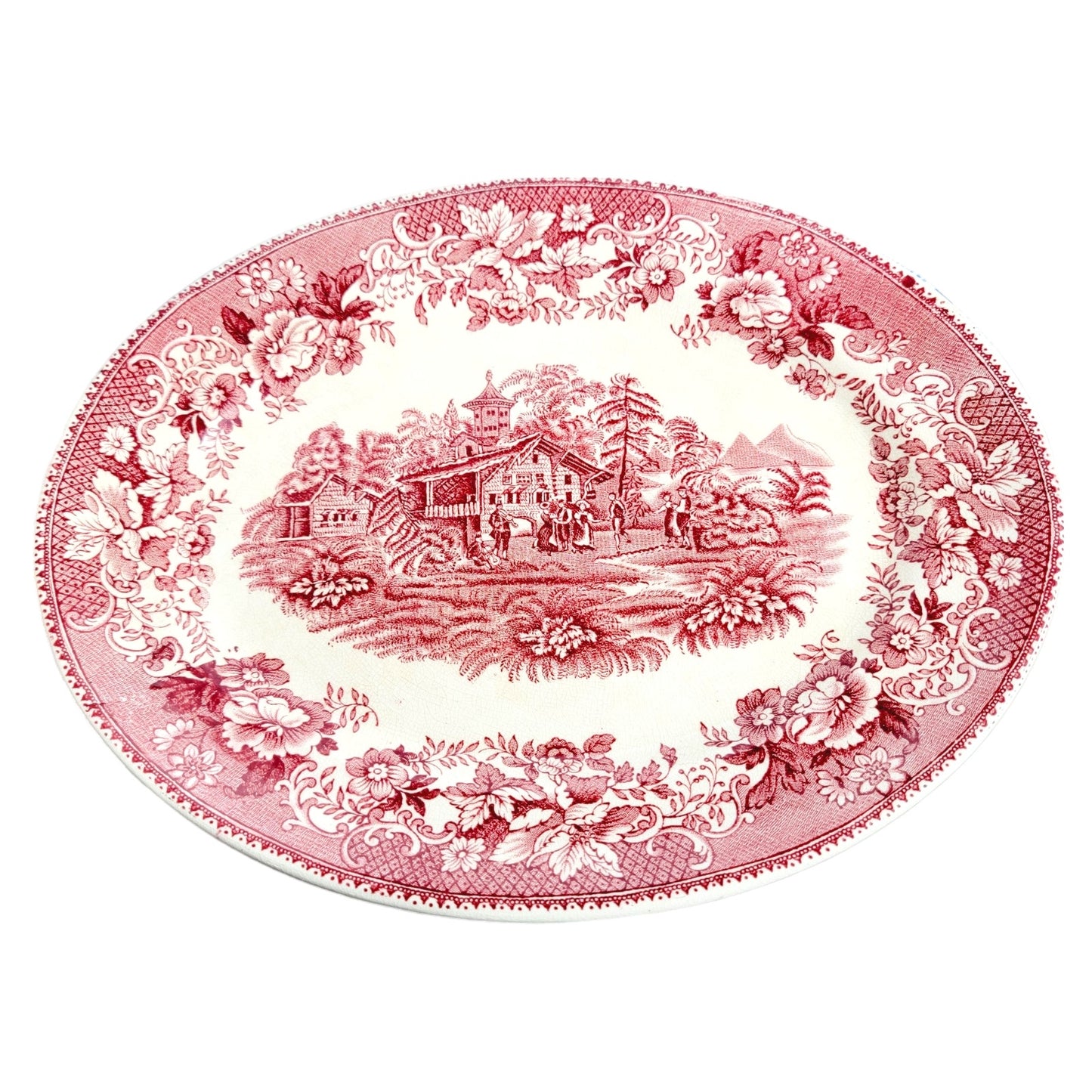 Thomas Hughs & Sons "Avon Cottage" Pink, 12" Oval Platter, Staffordshire, England, Crazing