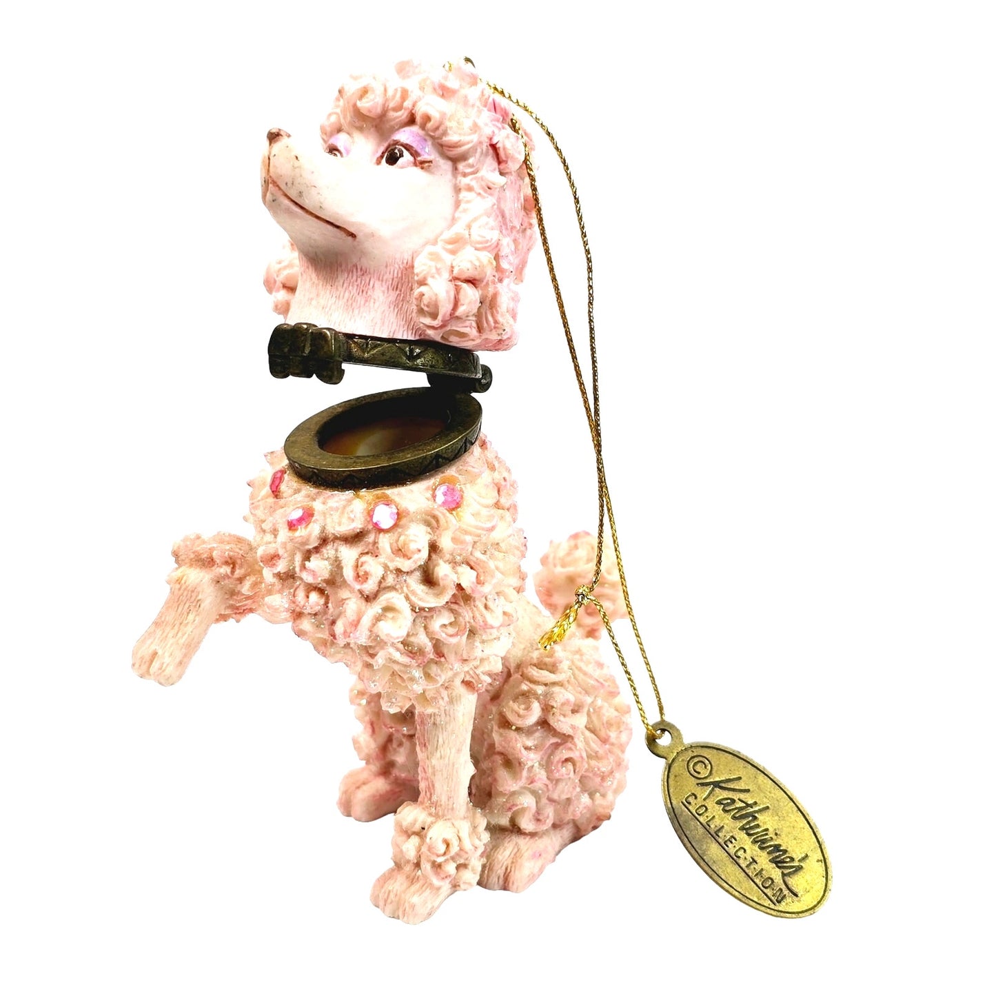 Vtg Katherine's Collection Spagetti Poodle, Trinket Box / Ornament, Sugar Textured Ceramic Pink Sparkle