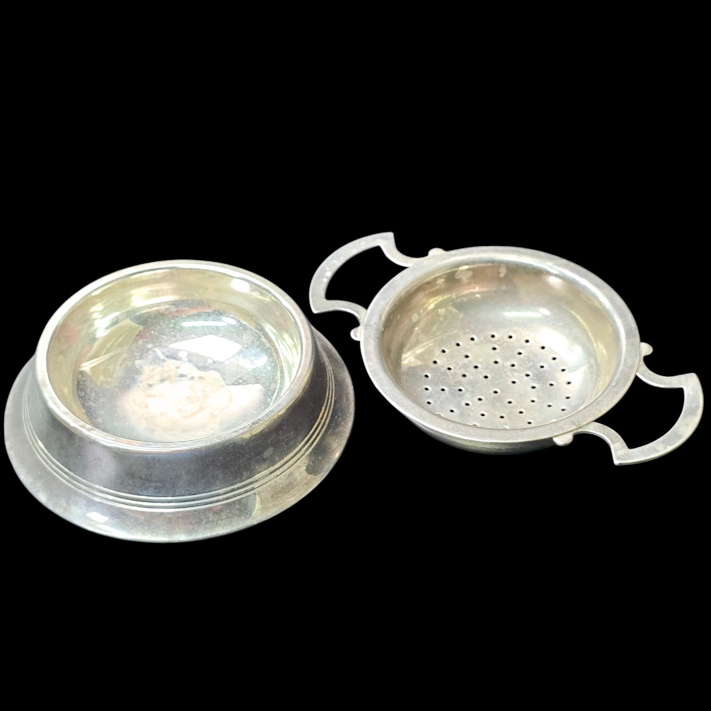 Double Handle Tea Strainer with Dish, Lemon Strainer, Vintage Barware