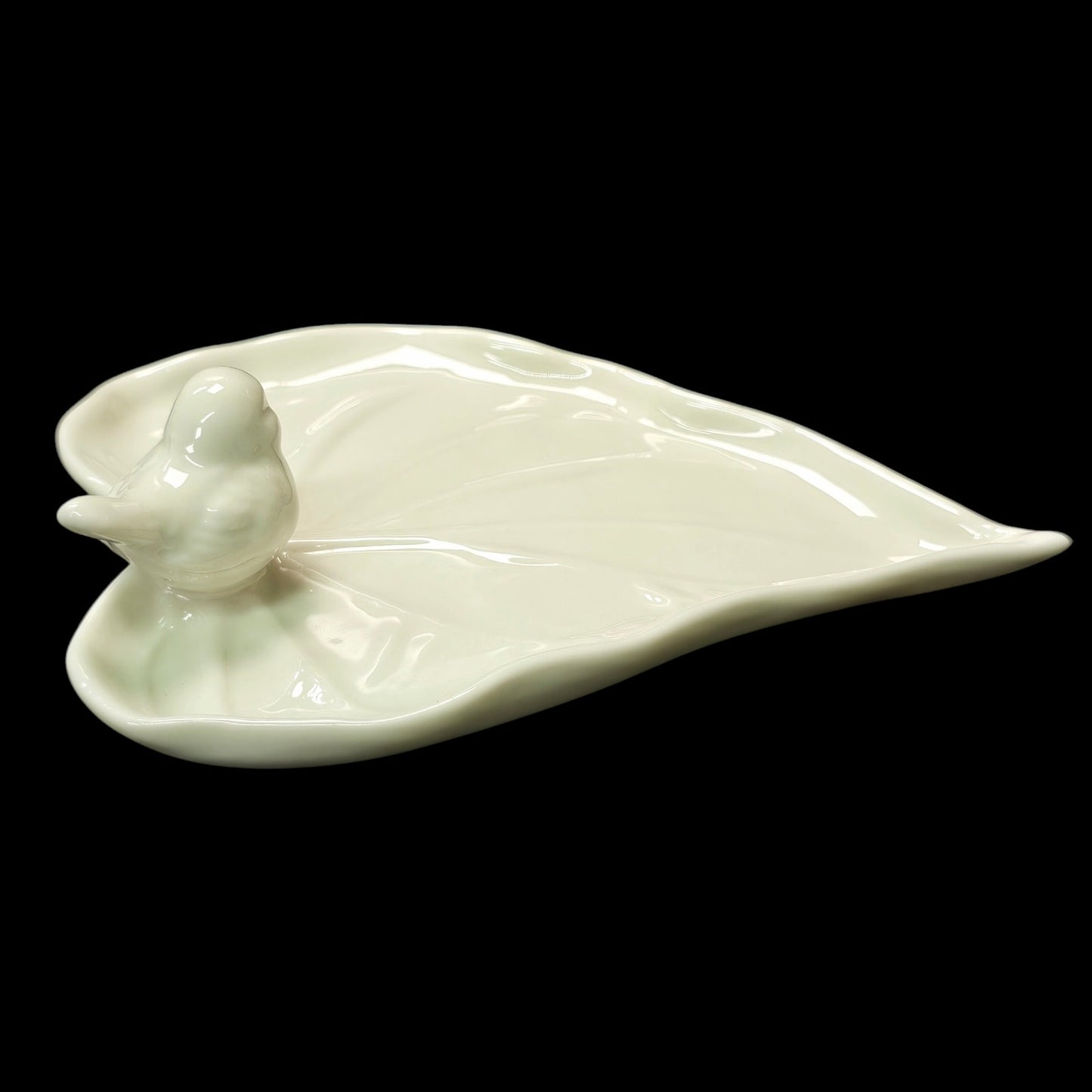 White Ceramic Song Bird on Leaf Jewelry Tray