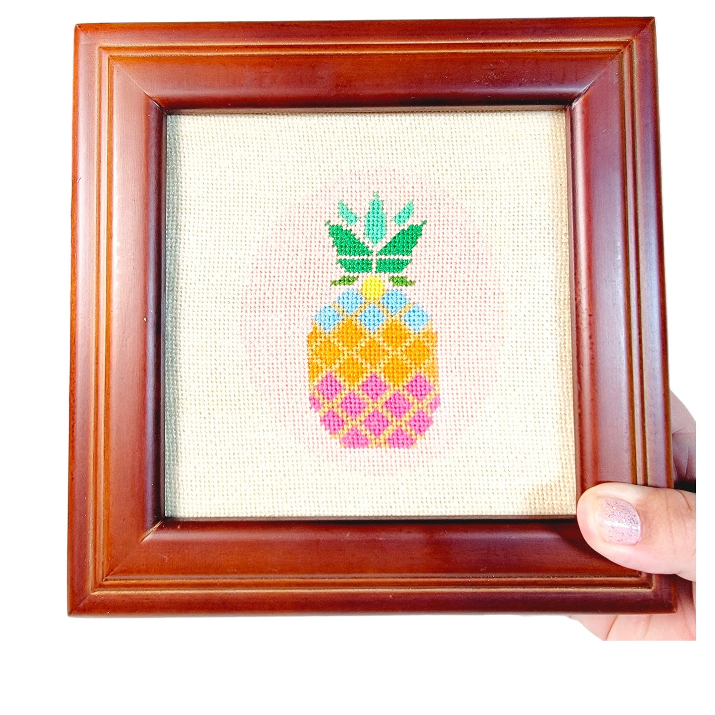 Lined Wooden Box with Hinged Lid with Framed Colorful Pineapple Cross-Stitch, Wooden Trinket Box